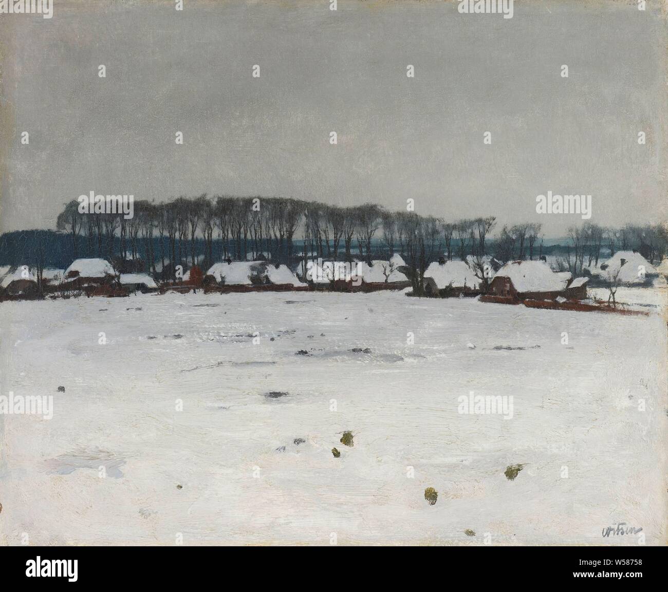 Winterlandschaft, Winterlandschaft, Winterlandschaft. Flache Landschaft mit der Häuser eines Dorfes und eine Reihe von Bäumen unter einer Schicht von Schnee, Schnee, prospect oder Dorf, Silhouette oder Dorf, Willem Witsen, C. 1885 - C. 1922, Leinwand, Ölfarbe (Lack), h 45 cm x W 52 cm d 13,5 cm Stockfoto