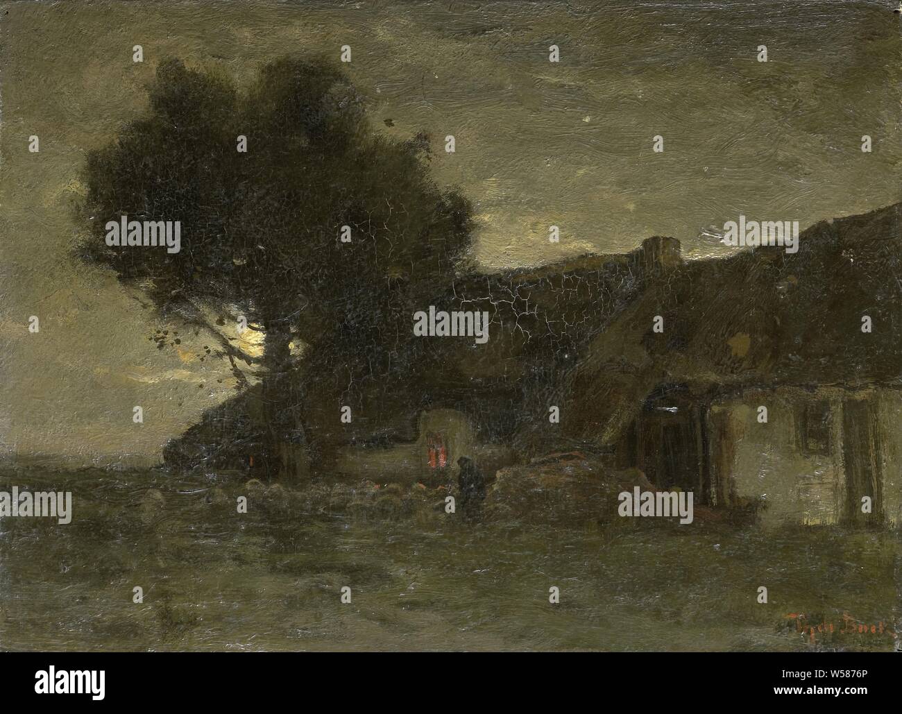 Ein Schafstall bei Einbruch der Nacht, ein Schafstall im Abendlicht. Eine Herde Schafe für eine Farm gesammelt., Théophile de Bock, C. 1870 - C. 1904, Panel, Ölfarbe (Lack), h 24,8 cm x W 34 cm x T 1,0 cm d 8,0 cm Stockfoto