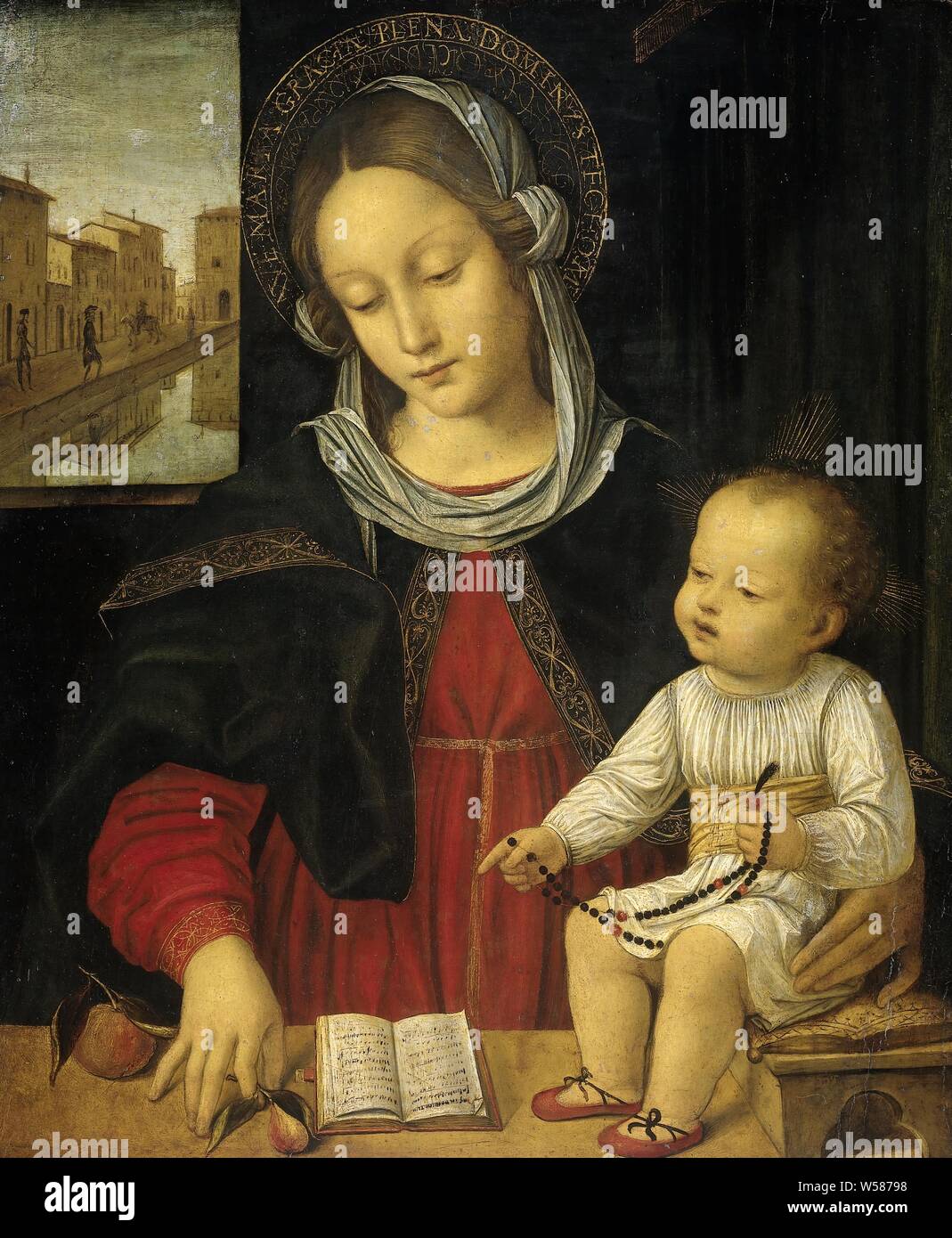 Madonna mit Kind, Madonna mit Kind. Maria und das Jesuskind vor einem Fenster mit Blick auf die Stadt mit Kanal. Das Kind sitzt auf einer Holzbank und hat eine wulstige Netzkabel in seinen Händen. Für Maria es gibt ein Buch und einige Früchte liegen offen auf der Fensterbank, Madonna: Maria stehen (oder halbe Länge), Christus-Kind nah an ihrem Busen, AIDS für Gebet, z.b. Rosenkranz, Buch-MM-Buch öffnen, Borgognone, 1500-1523, Panel, Ölfarbe (Lack), h 52,7 cm x W 44,1 cm, d 4,5 cm Stockfoto