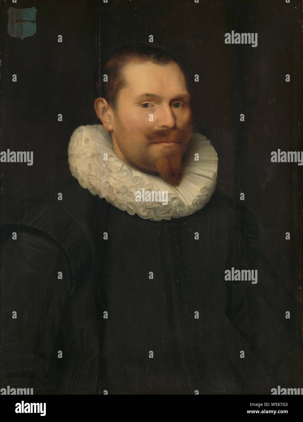Porträt eines Mannes, Büste, leicht nach rechts. Oben links das Familienwappen., anonym, Nördliche Niederlande, 1633, Panel, Ölfarbe (Lack), h 71 cm x W 56 cm d 4 cm Stockfoto