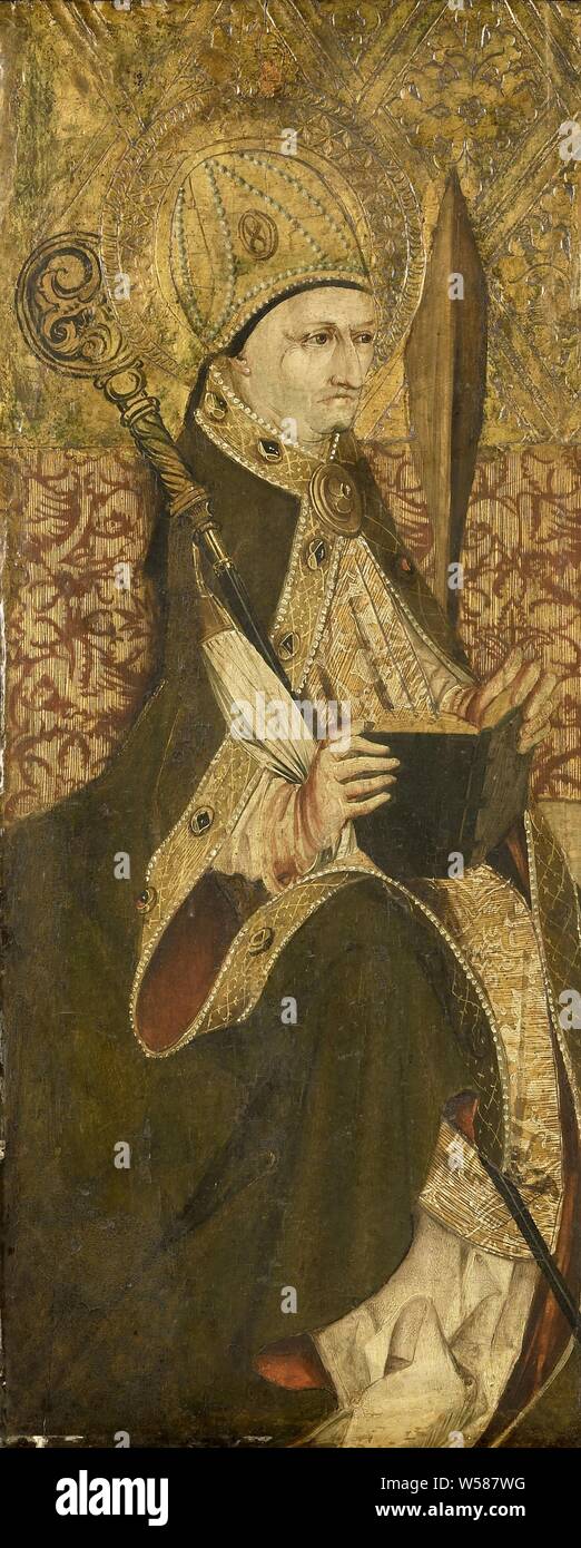 Ein heiliger Bischof, eine sitzende heilige Bischof mit einem offenen Buch auf seinem Schoß, hinter ihm ein palm Zweig., anonym, Spanien, 1475-1499, Panel, Ölfarbe (Lack), h 87,2 cm x W 36,5 cm x T 2,5 cm, d 7,5 cm Stockfoto