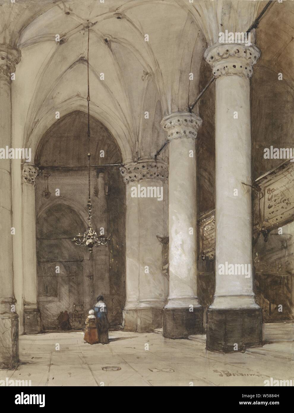 Im südlichen Seitenschiff der Kirche in Den Haag, im südlichen Seitenschiff der Grote Kerk in Den Haag, mit 17 Figuren, Teile der Innenraum der Kirche (süd-Gang), Grote Kerk, Johannes Bosboom (auf Objekt erwähnt), Niederlande, C. 1827 - C. 1891, Papier, Bleistift, deck Farbe, Kreide, Aquarell (Lack), Bürste, H 507 mm x B 390 mm Stockfoto