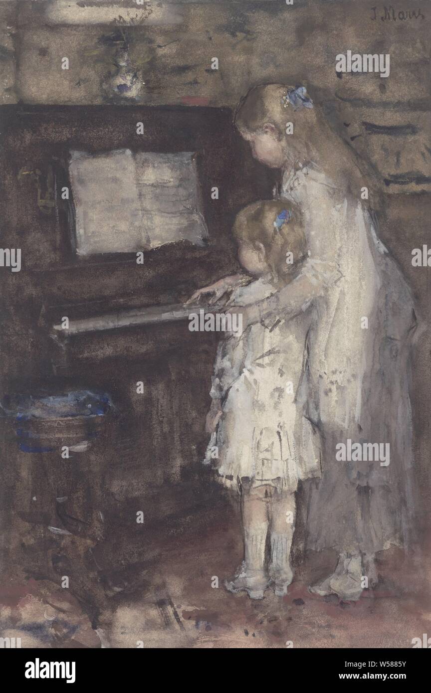 Zwei Mädchen am Klavier, zwei Mädchen, die Töchter des Künstlers, am Klavier, eine Person, die die Rolle Tasteninstrument, pianoforte, Jacob Maris (auf Objekt erwähnt), C. 1880, Papier, Pinsel, H 352 mm x B 236 mm Stockfoto