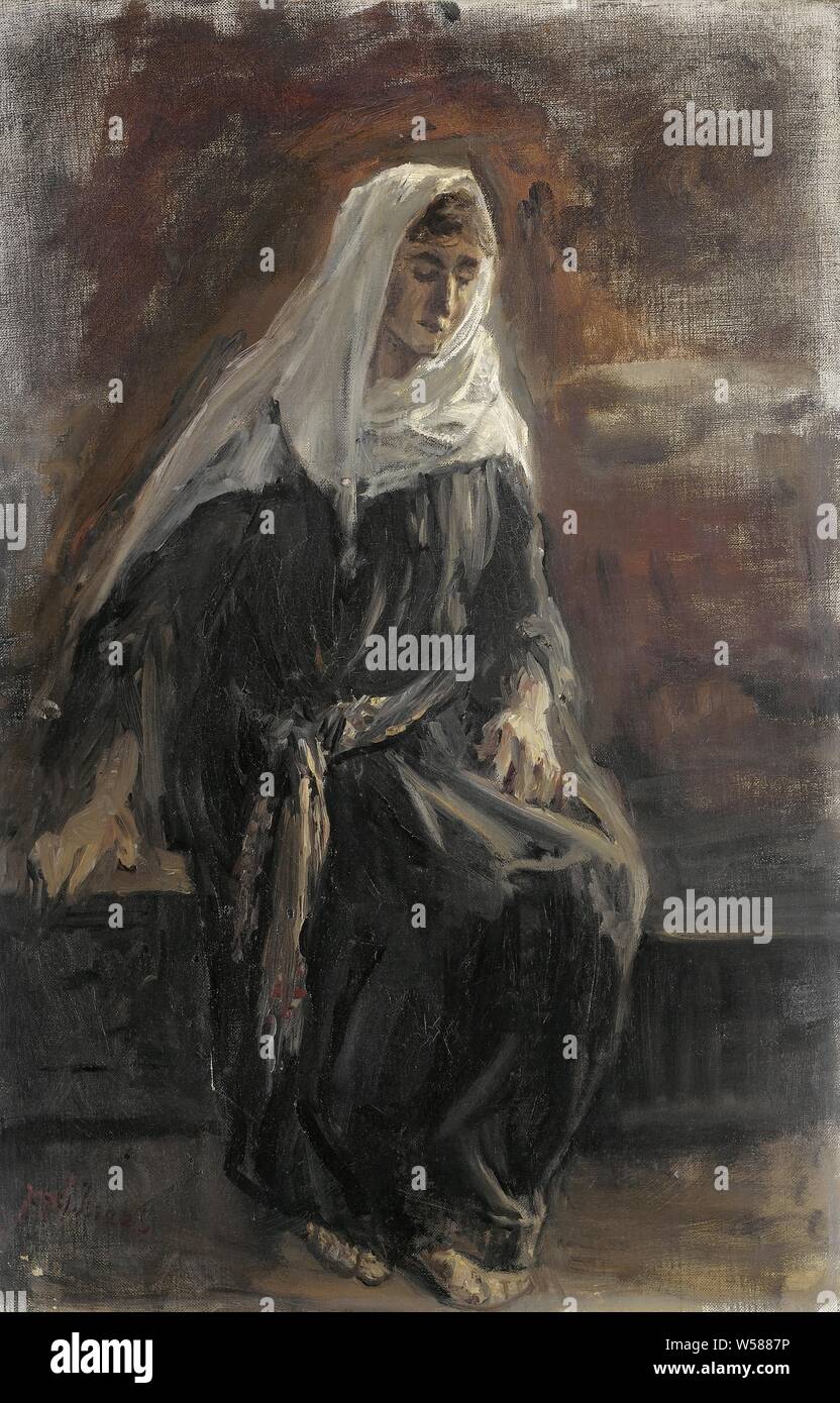 Sitzende Frau, wahrscheinlich Michal, Sitzende Frau mit einem weißen Kopftuch. Aus einer Serie von fünf Studien für ein Gemälde von Saul und David von 1899, Michal (nicht im biblischen Kontext), Jozef Israels, 1899, Leinwand, Ölfarbe (Lack), h 61,5 cm x W 41 cm d 4 cm Stockfoto