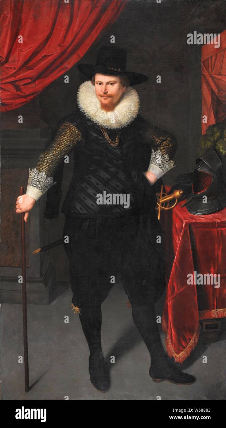 Portrait von Laurens Reael, Portrait von Laurens Reael (1583-1637). Generalgouverneur von Niederländisch-ostindien (1616-19), seit 1625 Gouverneur der Niederländischen Ostindien-Kompanie in Amsterdam. Ständigen, volle Länge, mit einem Stock in der rechten Hand, die linke Hand in die Seite. Auf der rechten Seite eine Tabelle mit einem Helm und Handschuhe. Laurens Reael, Cornelis Van Der Voort, C. 1620, Leinwand, Ölfarbe (Lack), Support: h 223 cm x W 127 cm Stockfoto