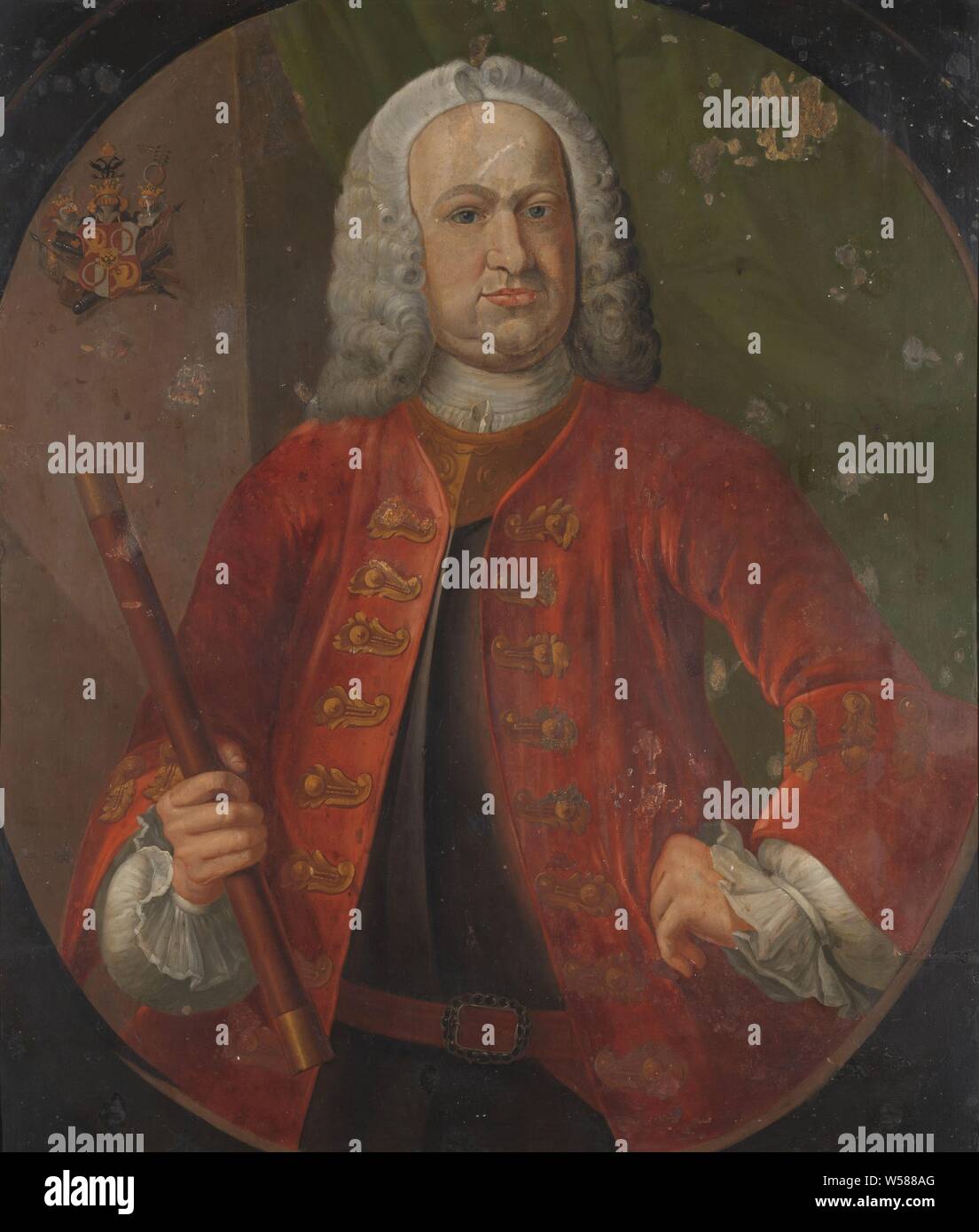 Baron Gustaaf Willem van Imhoff (1743-1750) Porträt von gustaaf Willem, Baron van Imhoff, Gouverneur der Niederländischen Ostindien-Kompanie, Portrait von gustaaf Willem Baron van Imhoff (1705-50). Allgemeine Gouverneur (1743-50). Stehend, halbe Länge, Befehl Personal in der rechten Hand, die linke Hand in die Seite. Oben links der Familienwappen. Kopieren Sie eine -Vorlage von Jan Maurits Quinkhard und Philip van Dijk von 1742. Teil einer Reihe von Portraits der Gouverneure der ehemaligen niederländischen Ostindien, Leitung von allgemeinen, historischen Personen, kolonialer Gouverneur, Gustaaf Willem Baron van Imhoff (1705-1750 Stockfoto