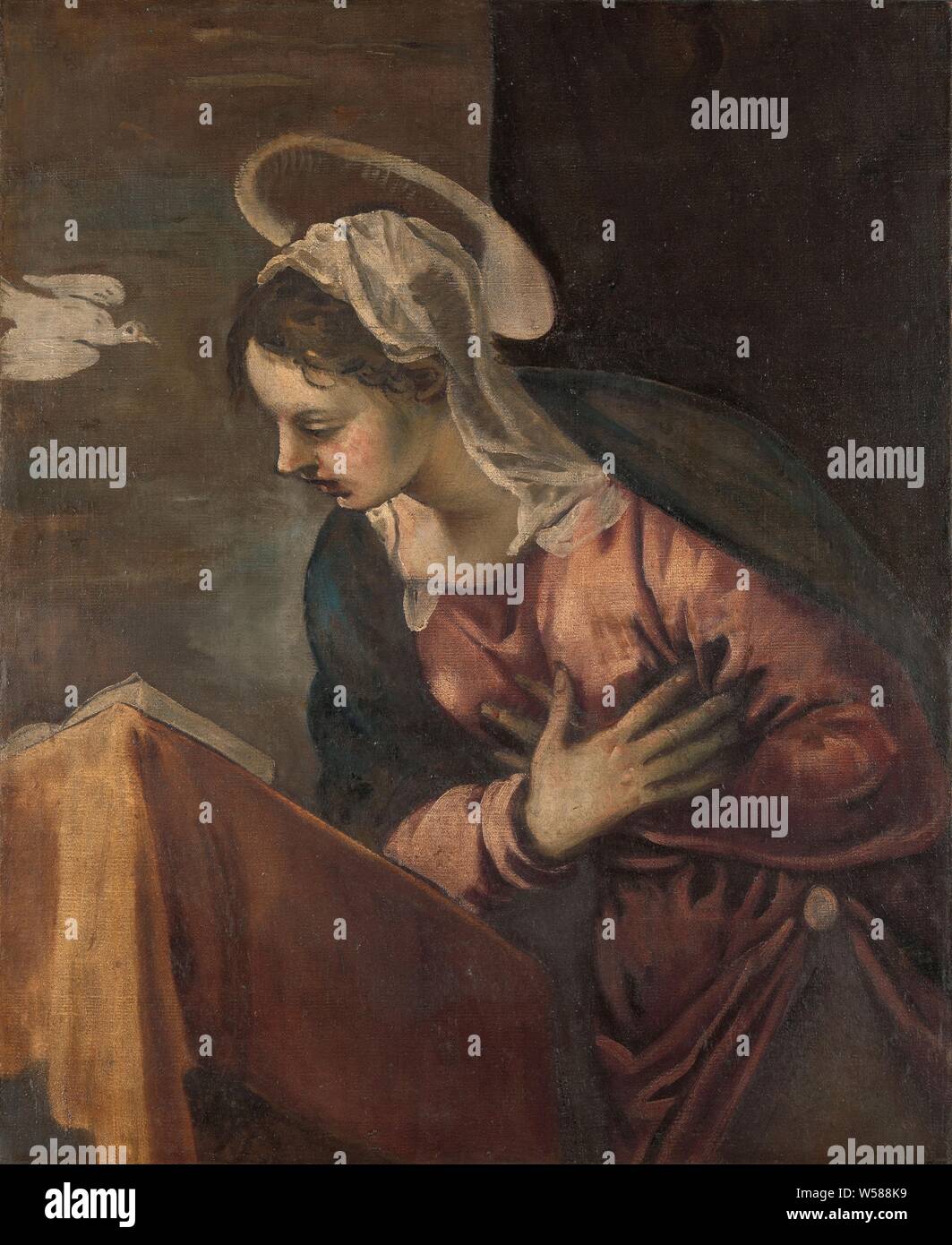 Jungfrau von der Verkündigung der Jungfrau, die Figur der Maria von der Verkündigung an Maria, halb-Abbildung, mit ihren Händen vor Ihr kniet. Auf der linken Seite die Taube des Heiligen Geistes. Fragment der Dekoration einer Orgel aus dem San Benedetto in Venedig. Von der Engel (manchmal eine Frau belauscht das Gespräch), Jacopo Tintoretto, 1560-1585, Leinwand, Ölfarbe (Lack), h 117 cm x W 94,5 cm Stockfoto