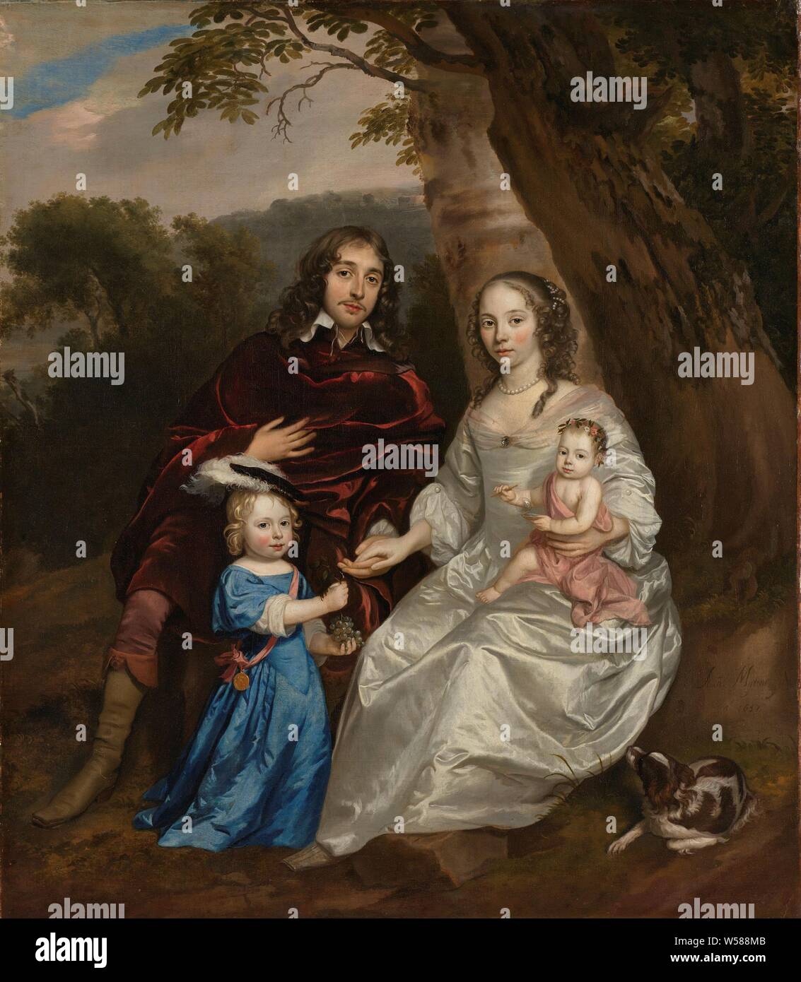 Thomas Niemann van Slingelandt (1623-90), Herrn oder Dubbeldam. Mit seiner ersten Frau Christina van Beveren und ihre zwei Söhne, Family Portrait von Thomas Niemann van Slingelandt, Herr von Dubbeldam, Rentner von Dordrecht. Mit seiner ersten Frau Christina van Beveren und ihre zwei Söhne Barthoud und Thomas Niemann Johan van Slingelandt unter einem Baum in einer Landschaft zu sitzen. Der älteste Sohn hat eine Weintraube in seinen Händen. Der jüngste Sohn sitzt auf dem Schoß seiner Mutter und bläst Seifenblasen. Auf der rechten Seite ein Hund., Jan Mijtens, Niederlande, 1657, Leinwand, Ölfarbe (Lack), h 99,5 cm x W 86,5 cm Stockfoto