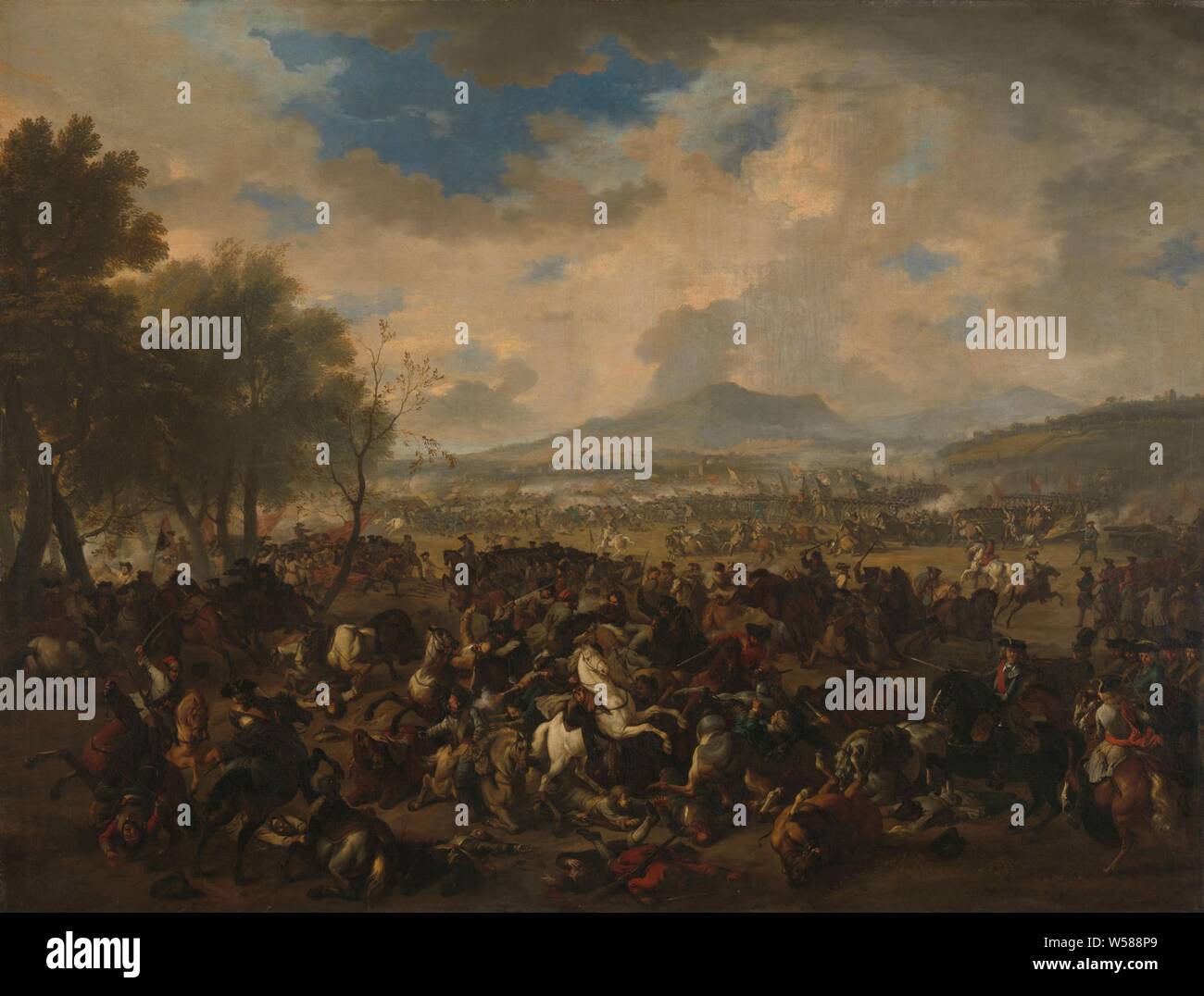 Der Schlacht von ramillies zwischen der französischen und der Alliierten Mächte, 23. Mai 1706, Schlacht bei ramillies am 23. Mai 1706, zwischen den Alliierten Truppen unter dem Kommando von Marlborough und Nassau-Ouwerkerk gegen die Vereinigten Französischen, Spanischen und bayerischen Truppen unter dem Kommando von Maarschalk de Villeroy. Auf der linken Seite einige hohe Bäume, auf der rechten Seite auf die dritte Plan der Grat, auf dem liegen Folx-les-Caves und Jandreouille und, in Zukunft, der Hochebene von Mont St. André. Im Vordergrund ein Kavallerie Schlacht, die sich an der linken Flanke der Alliierten Armee gegen die rechte Flanke von Villeroy. Auf der rechten Seite Stockfoto