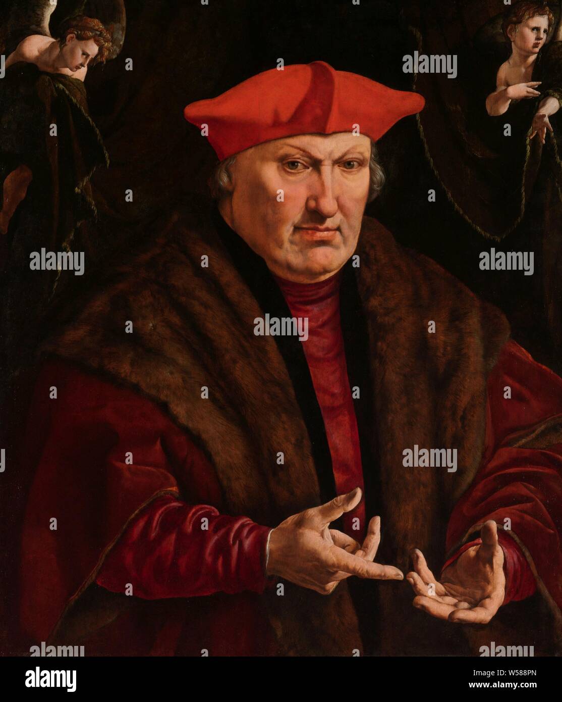 Portrait von Erard de La Marck Portrait von Erard de La Marck, Portrait von Evrard van der Marck (1472-1538), Fürstbischof von Lüttich. Halbe Länge, mit Blick auf, gestikulierte wild mit den Händen. Auf dem Kopf einen roten Baskenmütze. Vor dem Hintergrund eines grünen Vorhang von zwei Engeln gehalten, Liège (City), Evrard van der Marck, Jan Cornelisz Vermeyen, Mechelen (möglicherweise), C. 1528 - C. 1530, Panel, Ölfarbe (Lack), Support: h 64,4 cm x W 55,5 cm Stockfoto Portrait von Erard de La Marck Portrait von Erard de La Marck, Portrait von Evrard van der Marck (1472-1538), Fürstbischof von Lüttich. Halbe Länge, mit Blick auf, gestikulierte wild mit den Händen. Auf dem Kopf einen roten Baskenmütze. Vor dem Hintergrund eines grünen Vorhang von zwei Engeln gehalten, Liège (City), Evrard van der Marck, Jan Cornelisz Vermeyen, Mechelen (möglicherweise), C. 1528 - C. 1530, Panel, Ölfarbe (Lack), Support: h 64,4 cm x W 55,5 cm Stockfoto