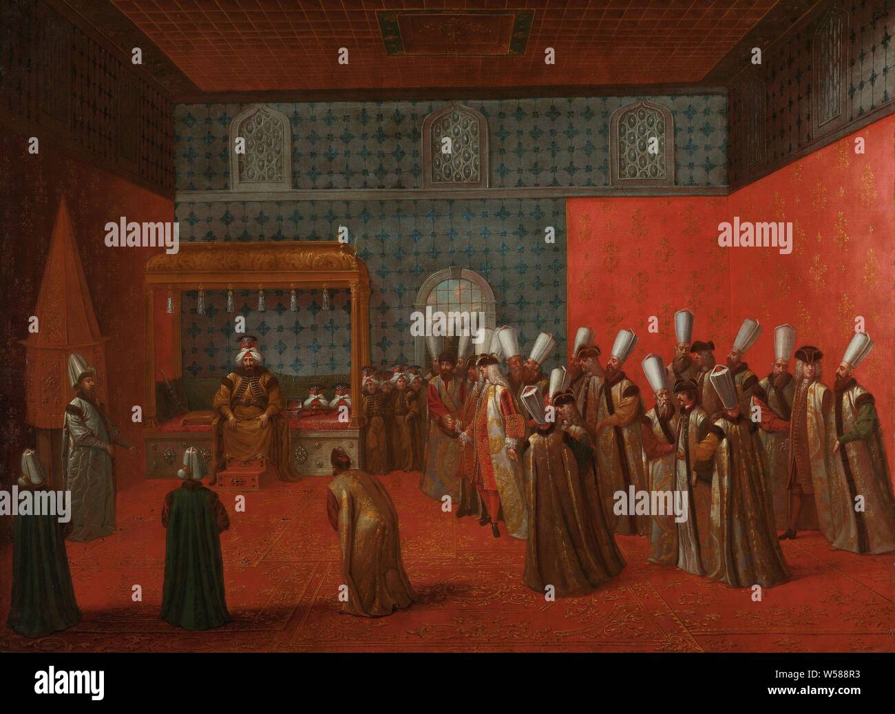 Botschafter Cornelis Calkoen an seinem Publikum mit Sultan Ahmed III Botschafter Cornelis Calkoen an seinem Publikum mit Sultan Ahmed III Botschafter Cornelis Calkoen an Publikum mit Sultan Ahmed III., 14. September 1727, Botschafter Cornelis Calkoen an Publikum mit Sultan Ahmed III., 14. September 1727. Auf der linken Seite, der großwesir Adressen der Botschafter. Der Sultan sitzt auf seinem Thron auf der linken Seite. Auf der rechten Seite der Botschafter mit seinem Gefolge und Türkische Funktionsträger. Teil einer Serie von Gemälden mit türkischen Firmen aus der Türkei in die Niederlande gebracht durch den Botschafter Cornelis Stockfoto