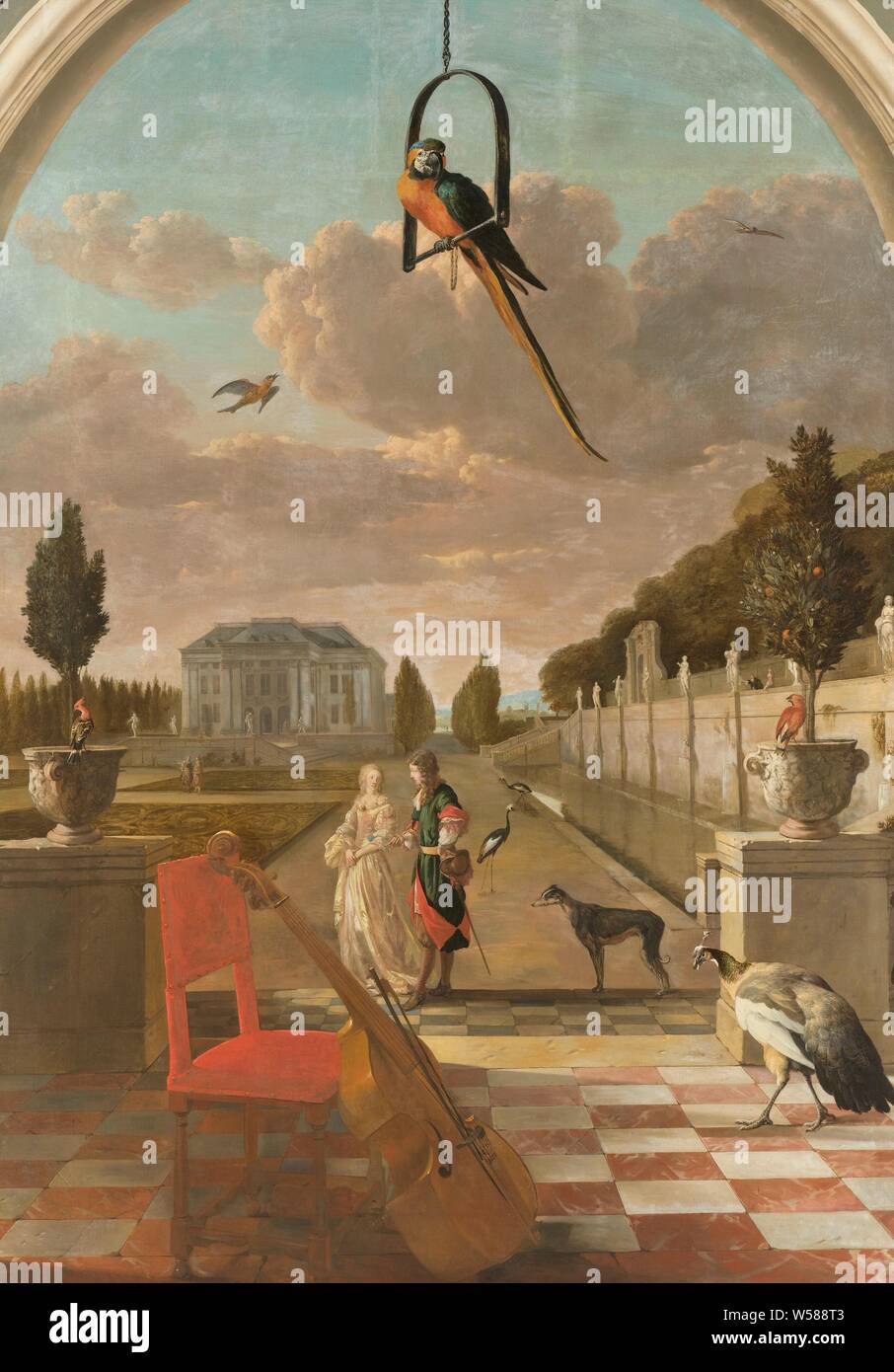 Park mit Country House, Park mit Country House. Blick von der Terrasse mit gefliestem Boden, auf dem ein Stuhl mit einer Viola da Gamba. Ein wenig hinter ein paar mit Hund. Auf beiden Seiten der Terrasse sind Töpfe mit Orangenbäumen. Auf der rechten Seite einer Wand mit Statuen und eine längliche Teich, im Hintergrund ein Landhaus. Oberhalb der Terrasse ist ein Papagei auf einem Stick, außerdem auch andere Vogelarten, darunter einen schwarzen gekrönt Kran Vogel und ein Pfau. Ein Teil von sechs - Teil zimmer Malerei, von denen ein Teil in der Sammlung des Musée de la Chartreuse, Douai, Garten, Park, Vögel gehalten ist, Viola Stockfoto