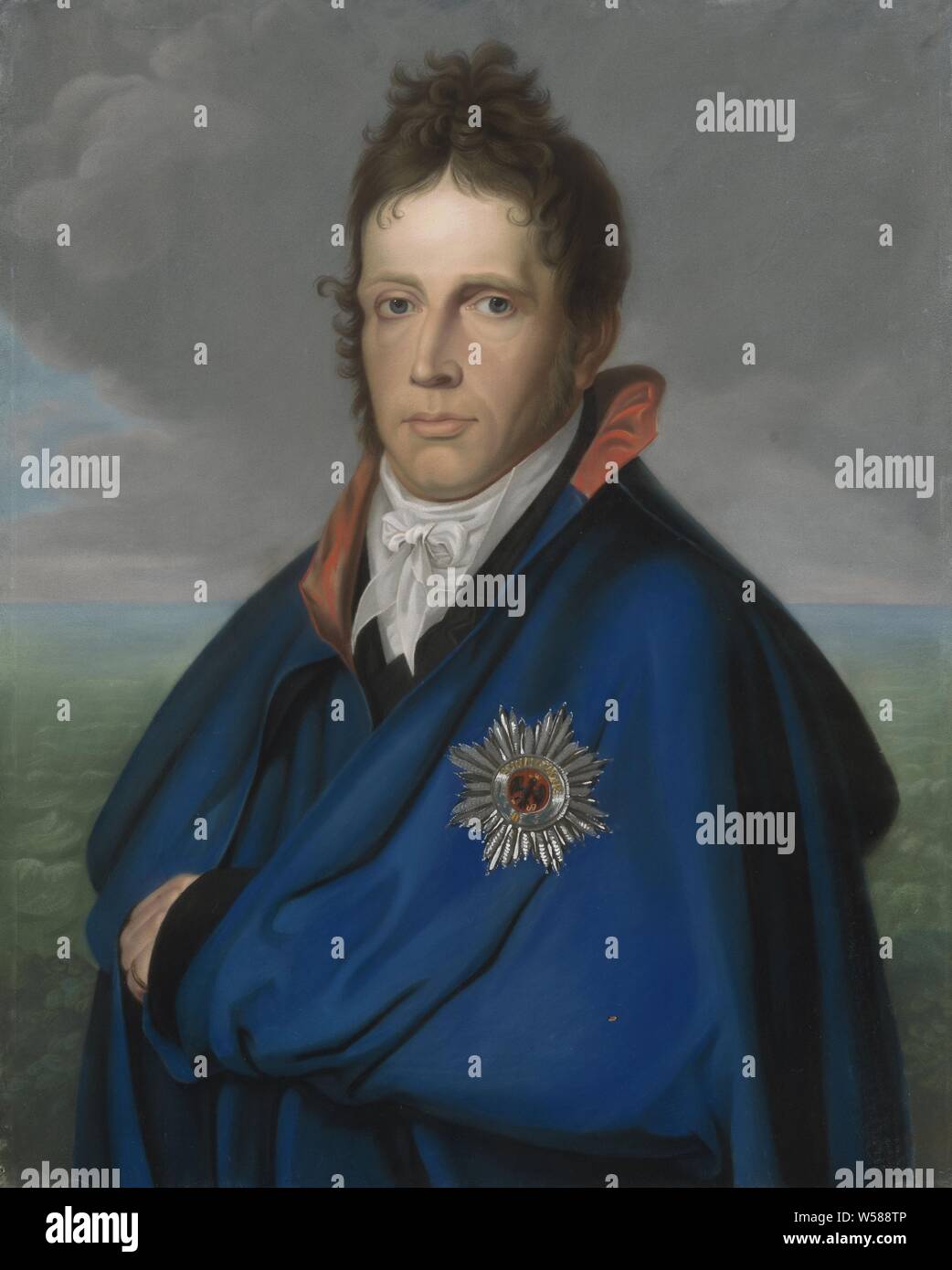 Willem Frederik (1772-1843), Erbe des Oranje-Nassau Prinz. Später König Willem I. namens "Den Mantel portrait", Erbe von Oranje-Nassau. Später König Willem I. Performance namens "Den Mantel portrait". Auf halbem Weg auf der linken Seite, gegenüber. Im Hintergrund ein Meer. Teil der Pastelle Sammlung, Willem I Frederik (König der Niederlande), anonyme, Deutschland, 1805 - 1810, Pergament (tierisches Material), h 70 cm x W 56 cm Stockfoto