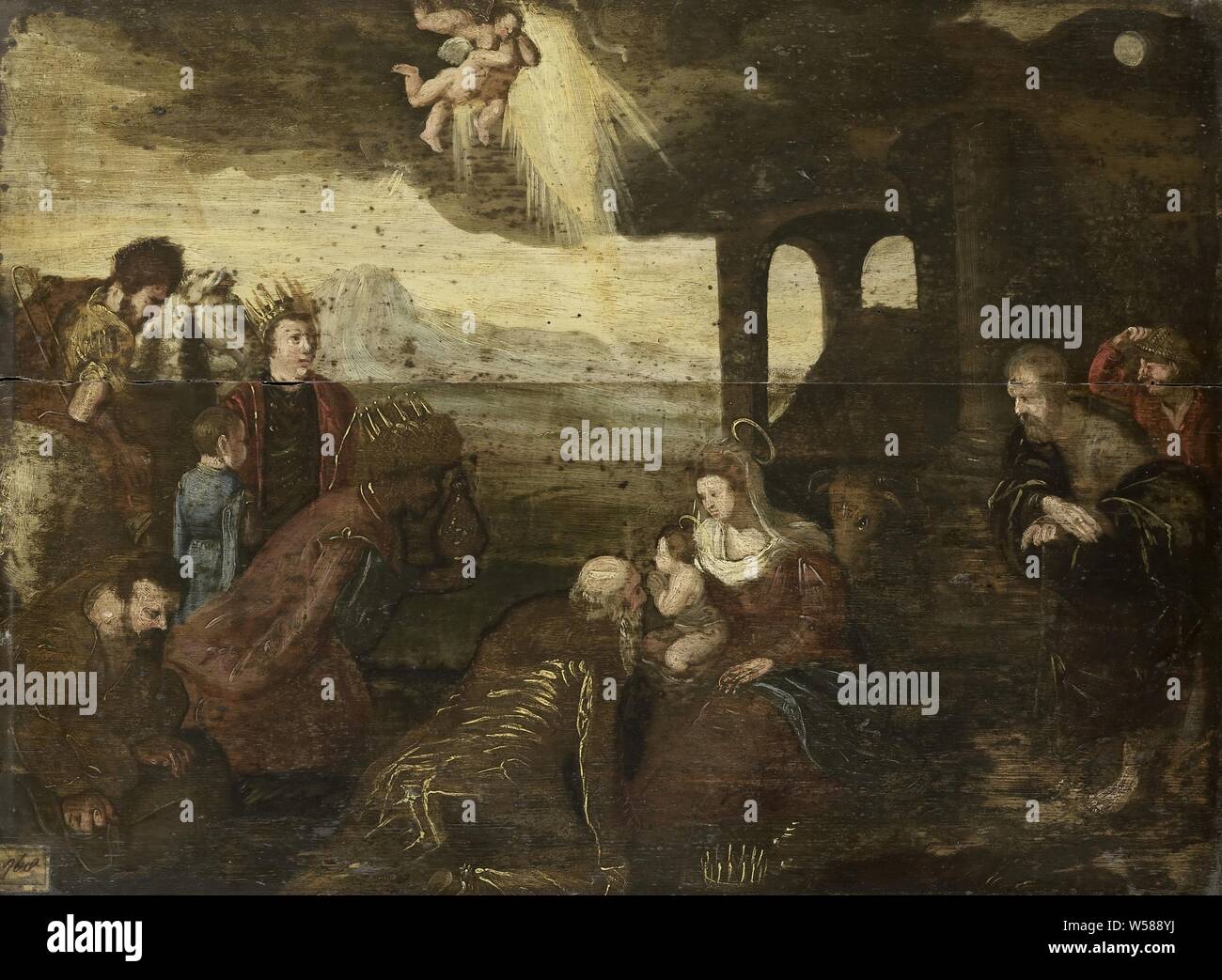 Anbetung der Heiligen Drei Könige, die Anbetung der Heiligen Drei Könige. Ein König kniet im Gottesdienst mit Maria mit dem Kind, auf der linken die anderen Könige warten mit Geschenken, auf der rechten Seite Joseph und ein Hirt. Die Engel im Himmel., Anbetung der Könige: Die Weisen präsentieren ihre Geschenke an das Christuskind (Gold, Weihrauch und Myrrhe), anonym, südlichen Niederlanden (möglicherweise), 1500-1599, Panel, Ölfarbe (Lack), h 47,5 cm x W 63,2 cm x T 0,9 cm, d 5,4 cm Stockfoto