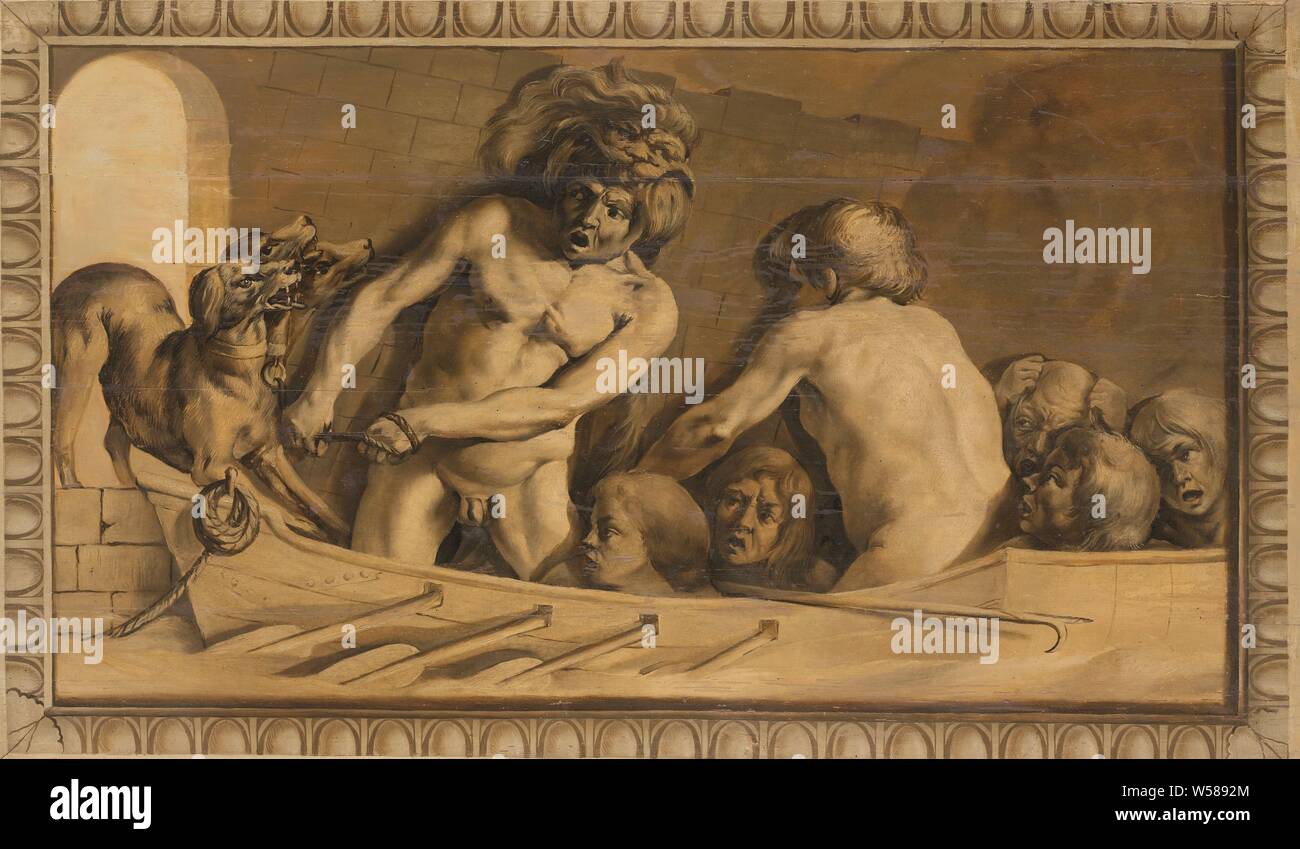 Hercules erhält Cerberus aus der Unterwelt (Charon, der Fährmann des Styx), Teil von neun - Teil zimmer Malerei für Het Randenbroek Hoogerhuis in der Nähe von Amersfoort, Land, Jacob Van Campen's Haus, weg von Hercules, Hofstede Grenzen, Jacob Van Campen, 1645-1650, Panel, Spanplatten, Ölfarbe (Lack), h 101 cm x W 164 cm Stockfoto