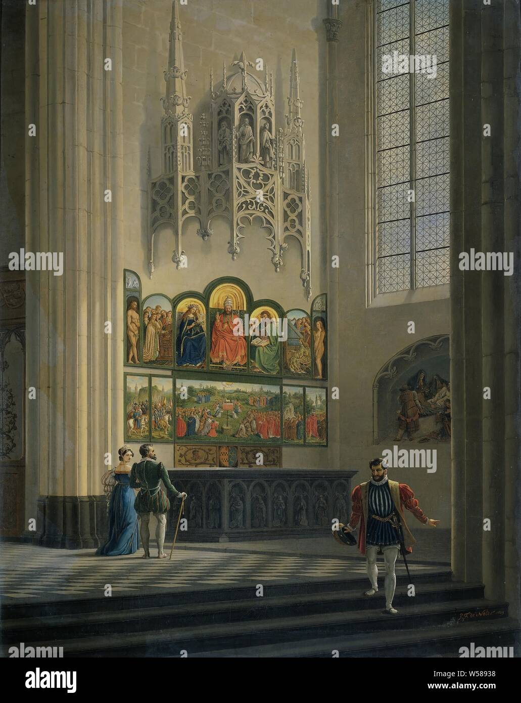 Der Genter Altar der Brüder van Eyck in St.-Bavo-Kathedrale in Gent, die Malerei die mystische Lamm von der van Eyck Brüder in einer Kapelle von Sint Bavo in Gent, in einem mittelalterlichen Szene mit einige Zahlen, Bild, Malerei, Interieur der Kirche, Altar, Altar, St. Bavo Kathedrale, Pierre François De Noter, Belgien, 1829, Leinwand, Ölfarbe (Lack), H 101,5 cm × w 81,3 cm, d 10,8 cm Stockfoto