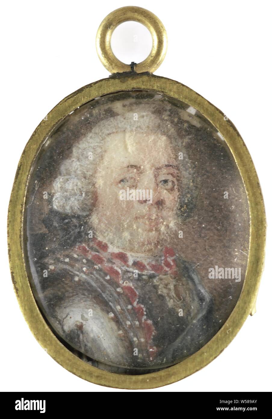 William IV (1711-51), Prinz von Oranien Nassau, Porträt von William IV (1711-51), Prinz von Oranien Nassau. Büste nach rechts, die Augen nach links, in der Rüstung. Teil der Sammlung von Porträtminiaturen, Willem IV (Prinz von Oranien-nassau), anonyme, Holland, C. 1750, Elfenbein, Metall, Glas, h 2,1 cm x B 1,8 cm h 2,8 cm x B 1,6 cm x T 0,3 cm Stockfoto