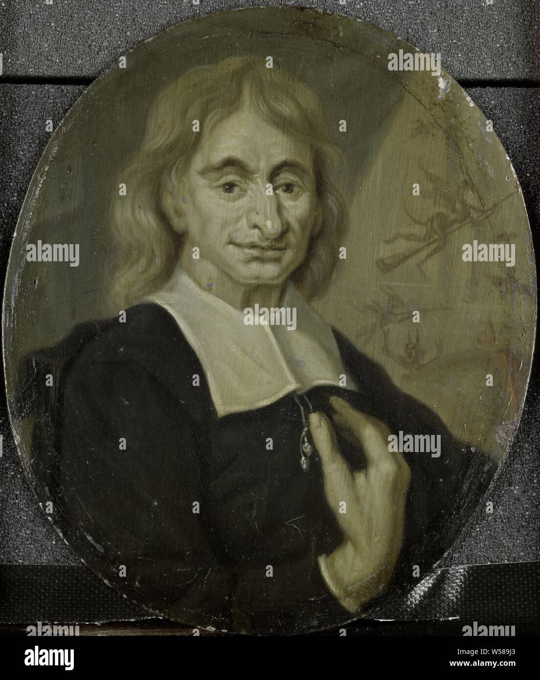 Portrait von Balthasar Bekker, Geistlicher und Mann der Buchstaben in Amsterdam, Portrait von Balthasar Bekker (1634-98). Pastor und Literaturwissenschaftler in Amsterdam. Büste in Oval, auf der rechten Seite. Im Hintergrund eine Darstellung der Flying Devils. Teil einer Sammlung von Portraits der niederländischen Dichter, Porträt eines Schriftstellers, Schriftsteller, Dichter, Autor, Balthasar Bekker, Arnoud Van Halen, 1700-1732, Ölfarbe (Lack), h 11 cm × w 9,5 cm Stockfoto