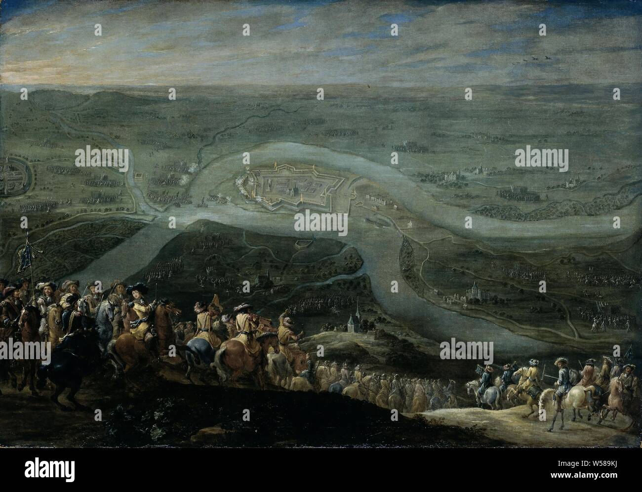 Die Truppen von Ludwig XIV. bei Schenkenschans, 18. Juni 1672, die Truppen Ludwigs XIV. für Schenkenschans, 18. Juni 1672. Vom Vordergrund, Reiter hinunter einen Hügel auf dem Weg zur Festung, in der Ebene, an der Kreuzung von Rhein und Waal entfernt. Im Vordergrund steht eine Gruppe von Offizieren zu Pferd, im Hintergrund eine Karte der Region, in der Vogelperspektive mit Armeen von allen Seiten. Louis XIV (König von Frankreich), Lambert de Hondt (II), 1672-1679, die Leinwand, das Öl Paint (Lack), h 62 cm x W 85 cm d 8 cm Stockfoto