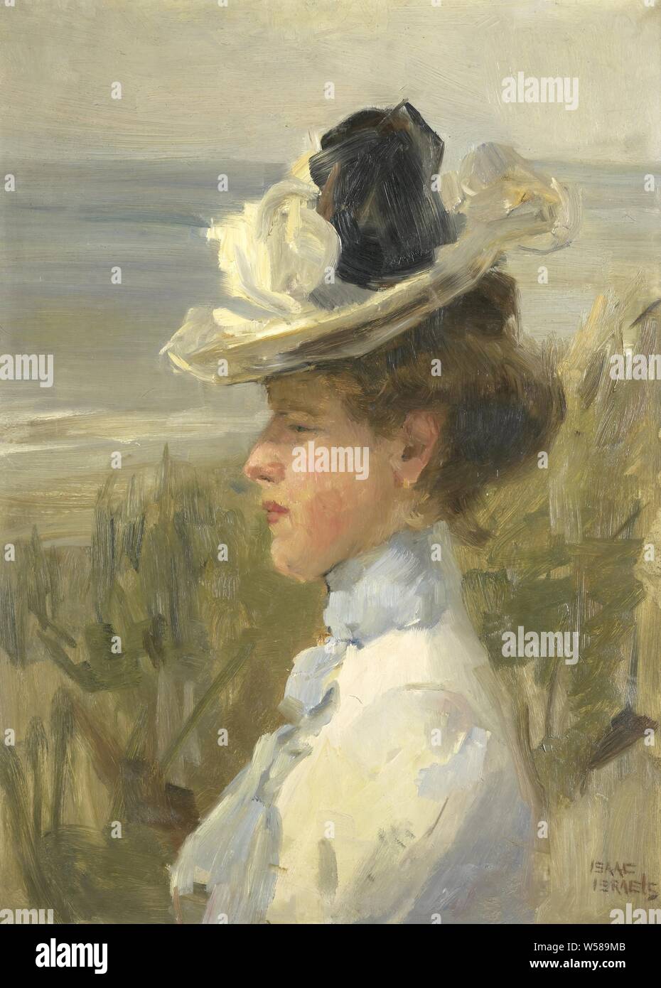 Junge Frau, am Meer, eine junge Frau aus über das Meer, Studie einer jungen Frau, die auf das Meer blicken. Büste, Links, mit Hut. Im Hintergrund Dünen und Meer, historische Personen nicht namentlich bekannt - BB-Frau, Strand, Kopfbedeckung: Hut, Isaac Israels, Niederlande, C. 1895 - C. 1900, Karton, Ölfarbe (Lack), h 61,2 cm x W 45 cm d 2,3 cm Stockfoto