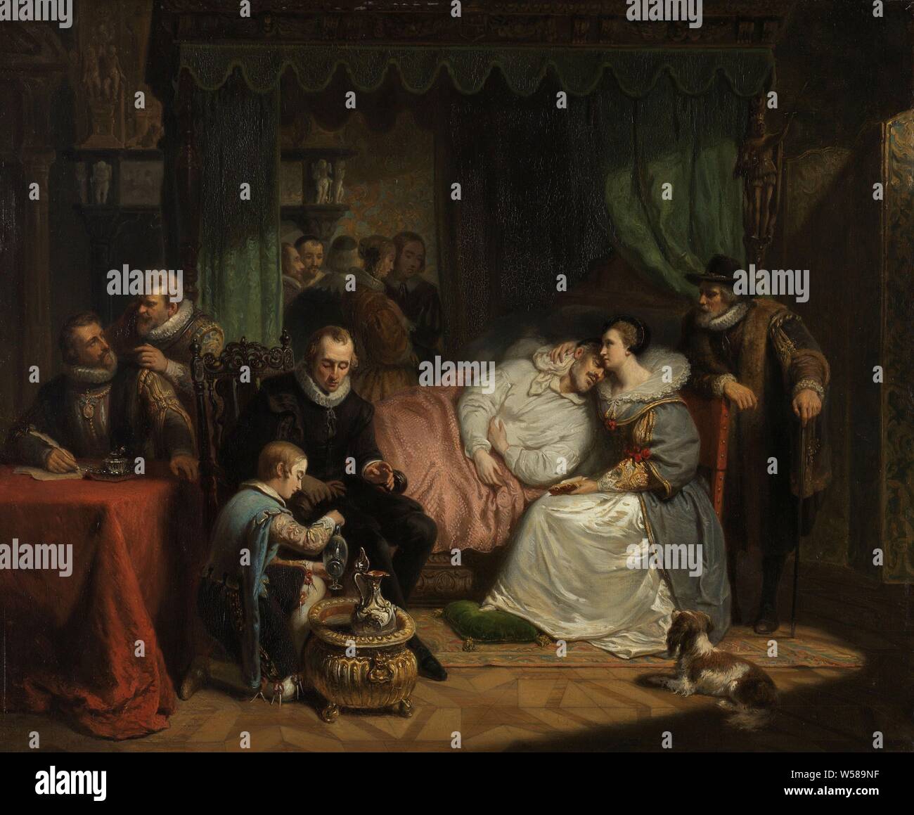 Prinz William ich von seiner Frau Charlotte de Bourbon pflegte Nach dem gescheiterten Versuch auf sein Leben von Jean Jaurequi in Antwerpen 1582, Prinz Willem I, nach dem gescheiterten Attentat von Jean Jauregui in 1582, die von Charlotte Bourbon. Der Prinz liegt verletzt im Bett, Familie und Freunde haben, um um das Bett versammelt. Auf der linken Seite ein Junge gießt aus einem Glas, auf der rechten ein Hund, Versuch, politische Morde, Krankenpflege, Pflege der Kranken, Eltern mit ihren Kindern, Willem I (Prinz von Oranien), Charlotte von Bourbon, Jean de Jauregui, Nicolaas Pieneman, Niederlande, 1840, Panel, Ölfarbe (Lack) Stockfoto