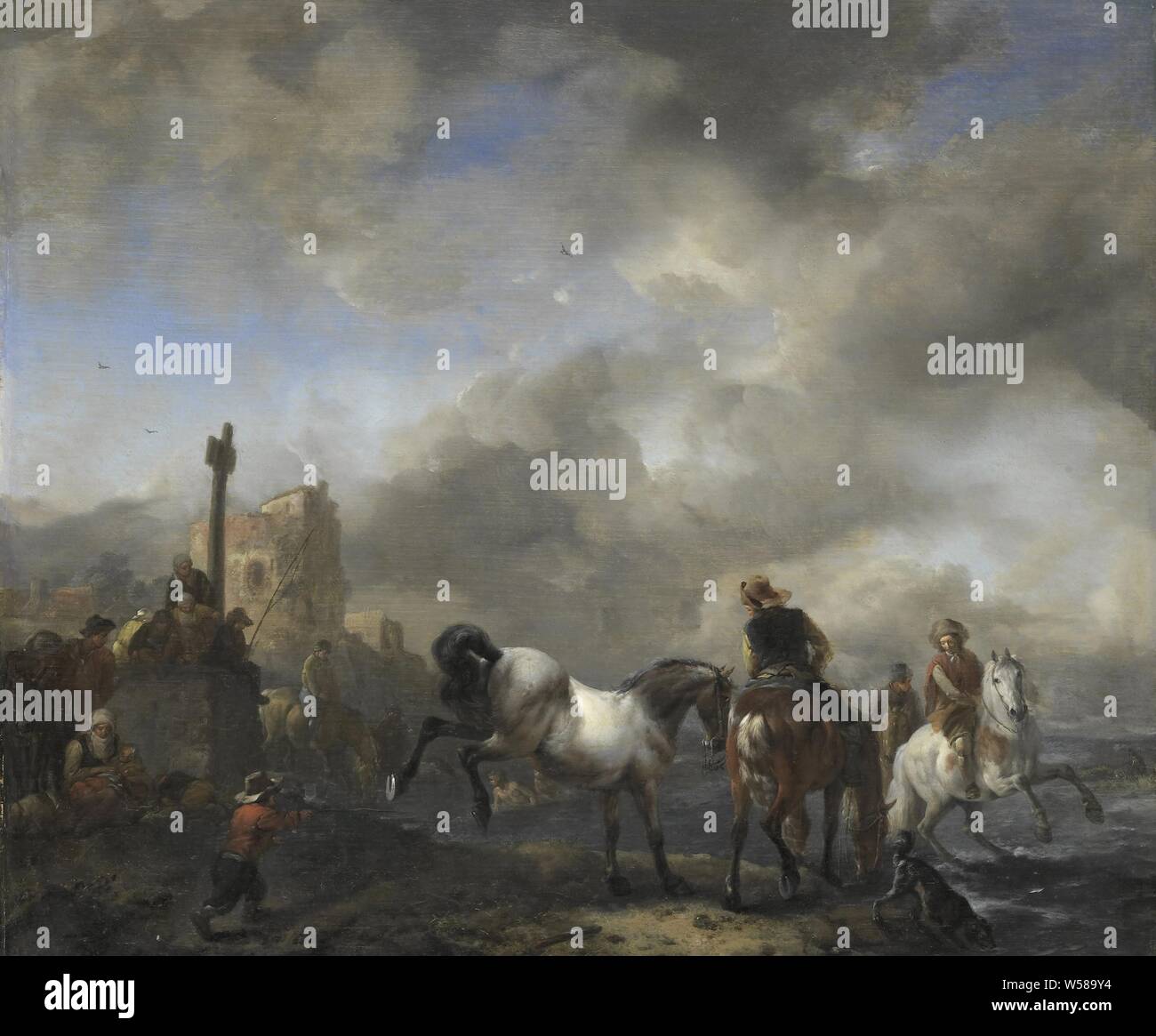 Bewässerung Pferde in der Nähe von Grenzmarkierungen, Pferderennen an einer Grenzkontrollstelle. Außerhalb einer Stadt, ein Reiter mit seinem Pferd Trinken durch einen Fluss, während ein anderes Pferd unter Kontrolle zu halten. Andere Zahlen, und die Reiter in der Umgebung. Ein paar Zahlen im Fluss gebetet, ein Junge mit einer Angelrute, Pferderennen, Pferd, Boundary-post, Boundary-Stein an der Grenze post sitzen, Philips Wouwerman, 1650-1668, Panel, Ölfarbe (Lack), h 34 cm x W 41 cm d 5,5 cm Stockfoto