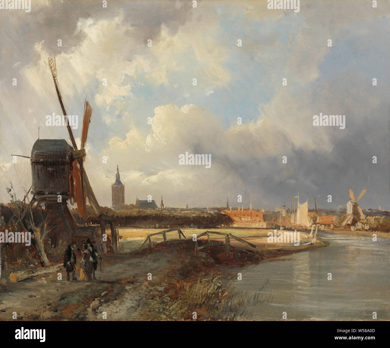 Blick auf Den Haag, Den Haag aus dem Delftse Vaart im siebzehnten Jahrhundert, vom Delftse Kanal. Auf der linken Seite eine Straße verläuft entlang dem Wasser mit einer Mühle und ein paar Wanderer. Vorstudie für die Malerei, die die Feierlichkeiten am 27. Mai 1852 Anlässlich der Enthüllung der Statue von Rembrandt zu beleben, Aussicht auf die Stadt, die Stadt Panorama, Silhouette der Stadt, Windmühle, Gewässer, Den Haag, Vliet, Cornelis Springer, C. 1850 - C. 1852, Leinwand, Ölfarbe (Lack), h 48 cm x W 58 cm d 10 cm Stockfoto