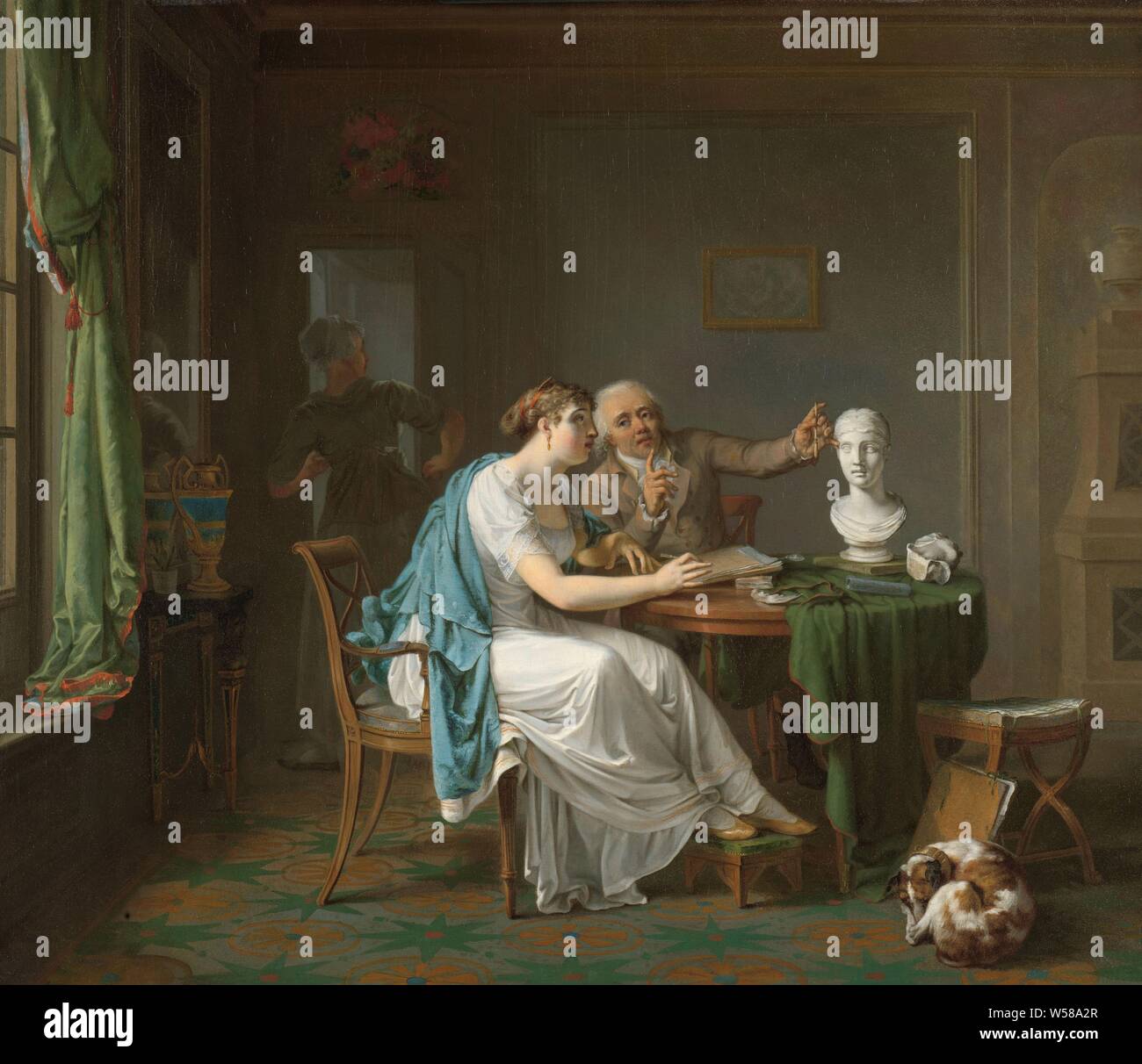 Die Zeichnung Lektion der Zeichnung Lektion, in einem Innenraum, ein Mann und eine junge Frau, die an einem Tisch sitzen. Die Frau hält ein Zeichenstift, auf dem Tisch liegt, Papier und anderen Zeichnung. Der Mann hält eine Zeichnung Stift neben einer Büste steht auf dem Tisch, während er lehr ist. Auf der rechten Seite ein Hund gegen eine Mappe mit Zeichnungen schläft, auf der linken ein Mädchen in der Tür ist. Vervielfältigung von Skulptur, Louis Moritz, 1808, Ölfarbe (Lack), Holz (Pflanzen), h 46 cm x W 53 cm Stockfoto