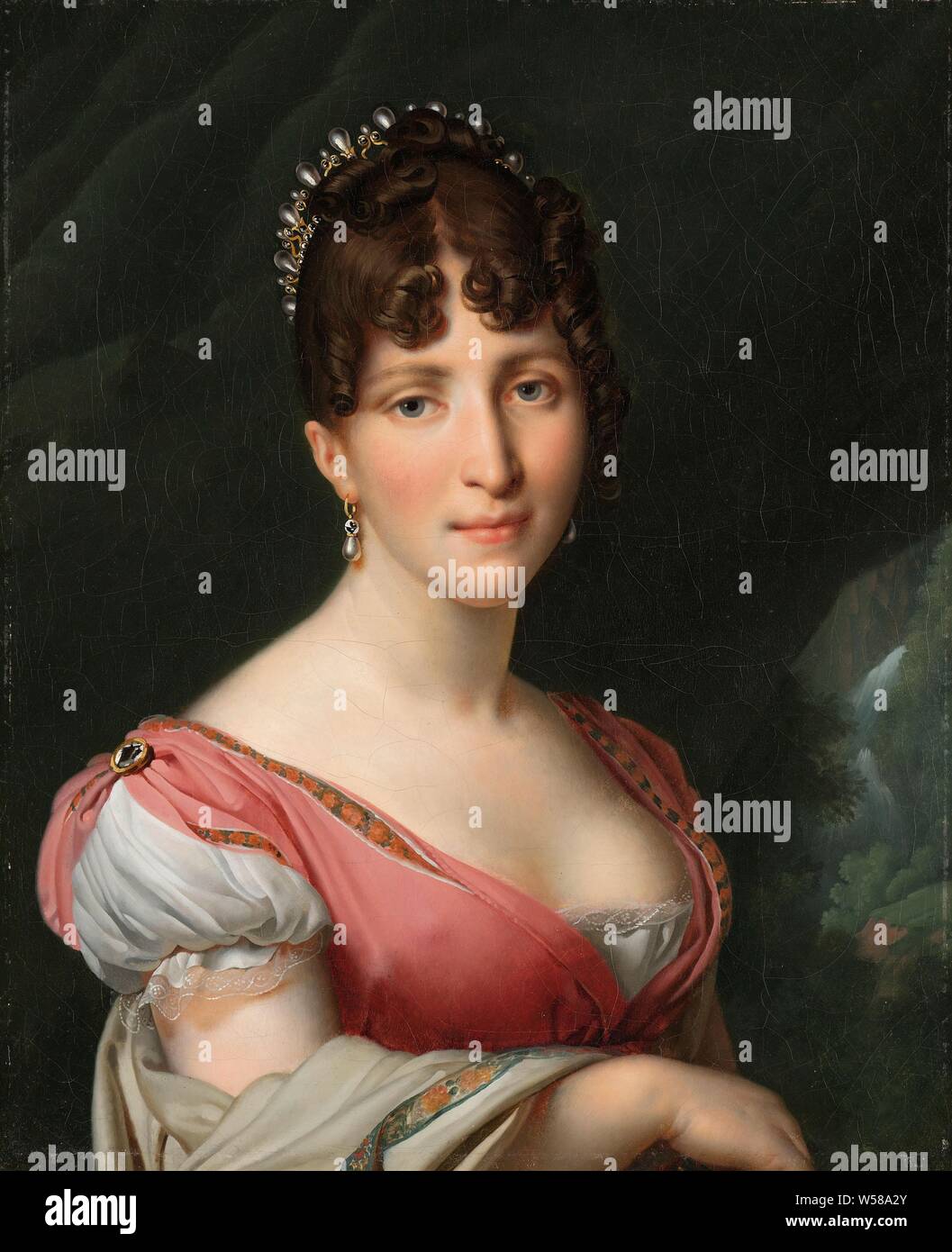 Portrait von Hortense de Beauharnais, Königin von Holland Portrait von Hortense de Beauharnais (1783-1837), Königin von Holland, Ehefrau von König Louis Napoleon, Ehefrau von Louis Napoleon, König von Holland. Büste nach rechts mit einer Krone im Haar, rechts eine Landschaft mit Wasserfall, historische Personen - Frau, Königin, Kaiserin, etc. (Frau eines Lineals), Holland, Hortense Eugénie de Beauharnais (Königin von Holland), Louis Napoleon Bonaparte, Anne-Louis Girodet-Trioson, Paris, C. 1805 - C. 1809, Leinwand, Ölfarbe (Lack), h 60,9 cm x W 49,8 cm h 74,7 cm x W 63,7 cm x T 8,5 cm Stockfoto