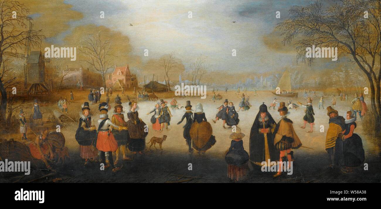 Winterlandschaft mit Skatern, Winterlandschaft. Eis Unterhaltung mit Skater in der Nähe eines Dorfes und einer Mühle, Schlittschuhe (Wintersport), Eis, Frost, Adam van Breen, C. 1615 - C. 1620, Ölfarbe (Lack), Support: h 55,1 cm × w 111,7 cm d 4,5 cm Stockfoto