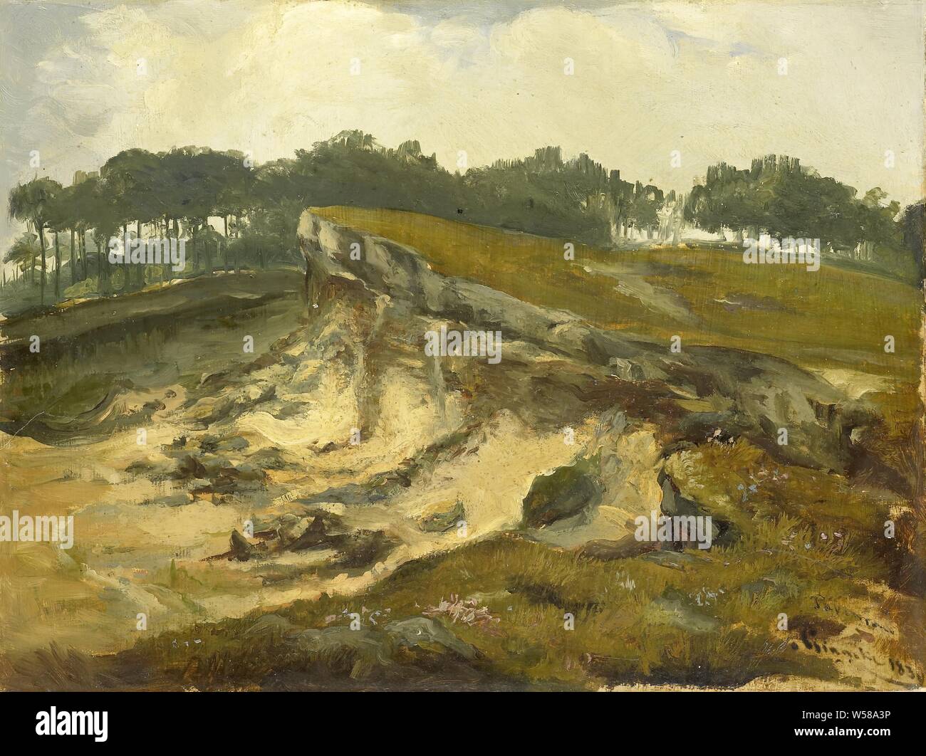 Sand Ausgrabung, ein Heide Landschaft mit einem sand Ausgrabung in der ginneken, in der Ferne eine Reihe von Bäumen, Sand (Bodentyp), Tagebau, Tagebau, Ginneken, Johannes Tavenraat, Niederlande, 1839, Hartfaserplatten, Papier, Ölfarbe (Lack), h 27,5 cm x W 36,5 cm, d 2,8 cm, w 1 kg Stockfoto