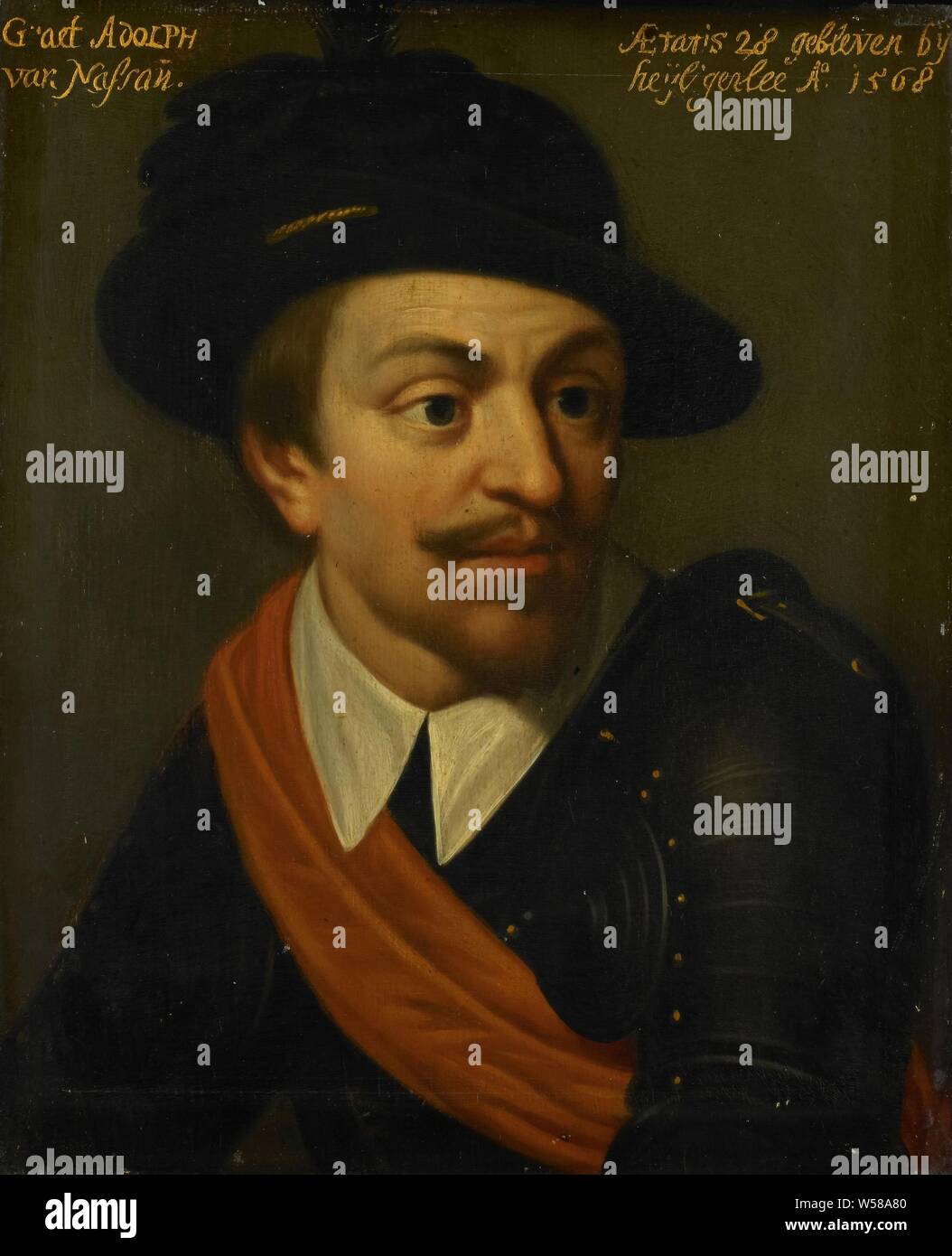 Porträt von Adolf, Graf von Nassau, Porträt von Adolf (1540-68), Graf von Nassau. Büste mit dem Kopf nach rechts gedreht, in der Rüstung. Teil der Serie von Porträts aus dem Stadhouderlijk Hof in Leeuwarden., Wybrand De Geest (I) (Werkstatt), C. 1633 - C. 1635, Panel, Ölfarbe (Lack), Support: h 29,7 cm x W 24,1 cm t 1,3 cm d 3,0 cm Stockfoto