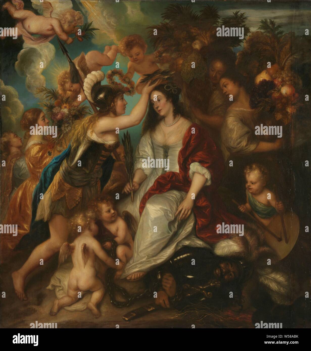 Allegorie des Friedens, Allegorie des Friedens. Die sitzende weibliche Verkörperung des Friedens mit einem lorbeerkranz von einer Frau, die in der Rüstung gekrönt. Unter ihren Füßen, Frieden aushöhlt, die Personifikation des Krieges. Auf der rechten Seite, Frauen tragen Körbe oder Hörner mit Obst und ein putto auf der Trommel geschlagen. Auf der linken Seite, zwei Putti Kette den Krieg. Auf der linken Seite einige Frauen und Putti mit Blumen., Jan Lievens, 1652, Leinwand, Ölfarbe (Lack), h 217 cm x W211 cm d7 cm w 44 kg Stockfoto