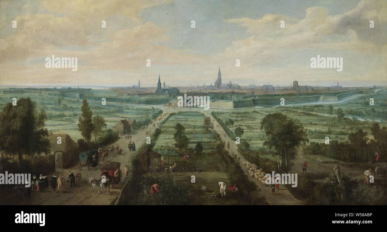 Anzeigen von Antwerpen, Blick auf die Stadt Antwerpen und die umliegenden Ländereien, von der Landseite aus gesehen (aus dem Osten). Reisende, Tourenwagen und andere Wagen, Wanderer und ein Hirte mit Herde von Schafen gehen Sie über die Straßen der Stadt. Auf dem Land, sind die Landwirte beschäftigt, Aussaat, Ernte und Graben. In der Ferne das Profil der Stadt mit den Festungen., Jan Wildens, 1636, Leinwand, Ölfarbe (Lack), H 197,5 cm × w 367 cm d 10 cm w 75 kg Stockfoto
