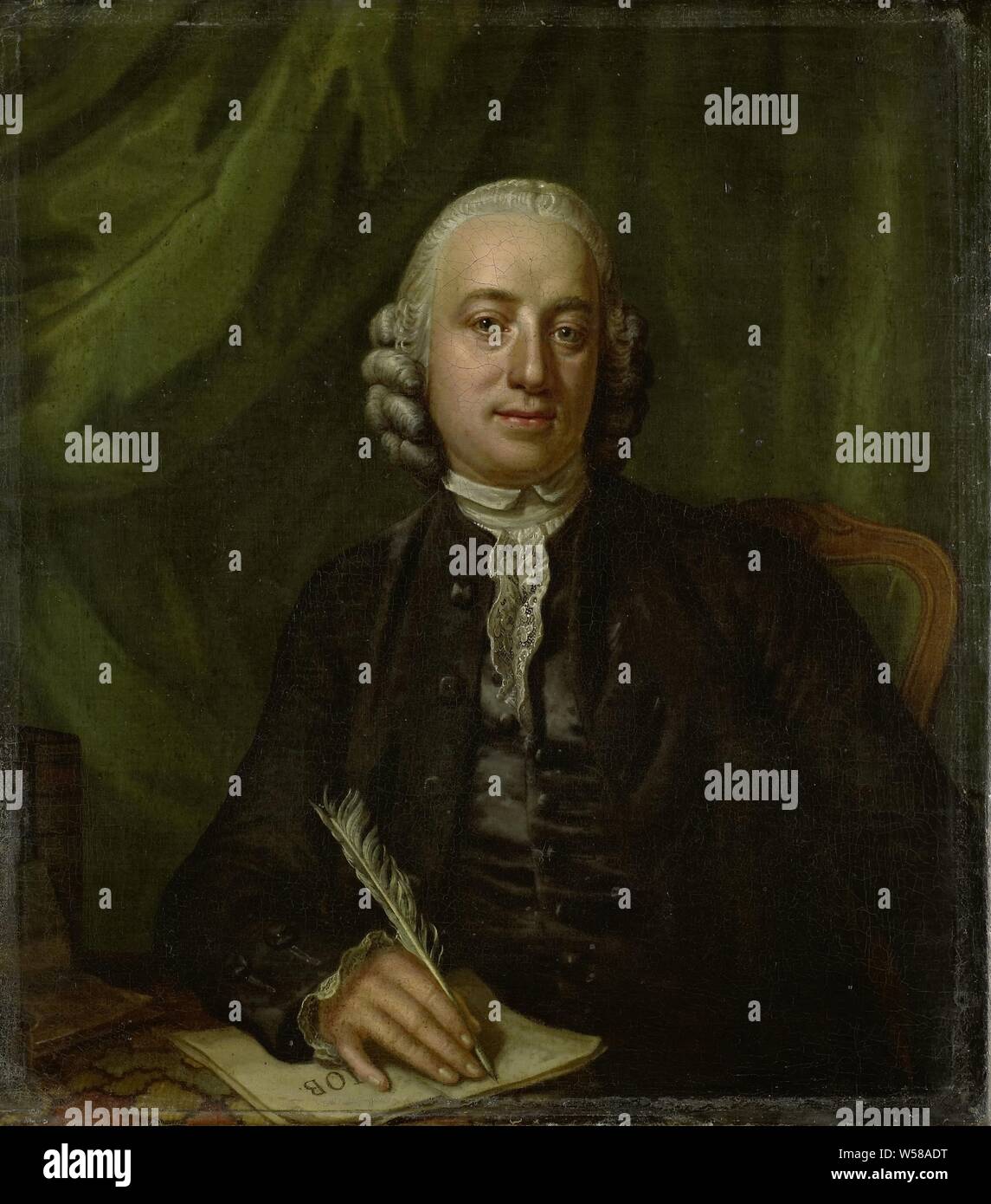 Portrait von Pieter Meijer, Verleger und Buchhändler in Amsterdam, Portrait von Pieter Meijer (1718-81), Verleger und Buchhändler in Amsterdam. Halbe Länge, Stift in der rechten Hand, Schreiben an einem Tisch mit ein paar Bücher auf, Amsterdam, Pieter Meyer, Hendrik Pothoven (zugeschrieben), 1750 - 1781, Leinwand, Ölfarbe (Lack), h 38,7 cm x W 34,7 cm d 4,3 cm Stockfoto