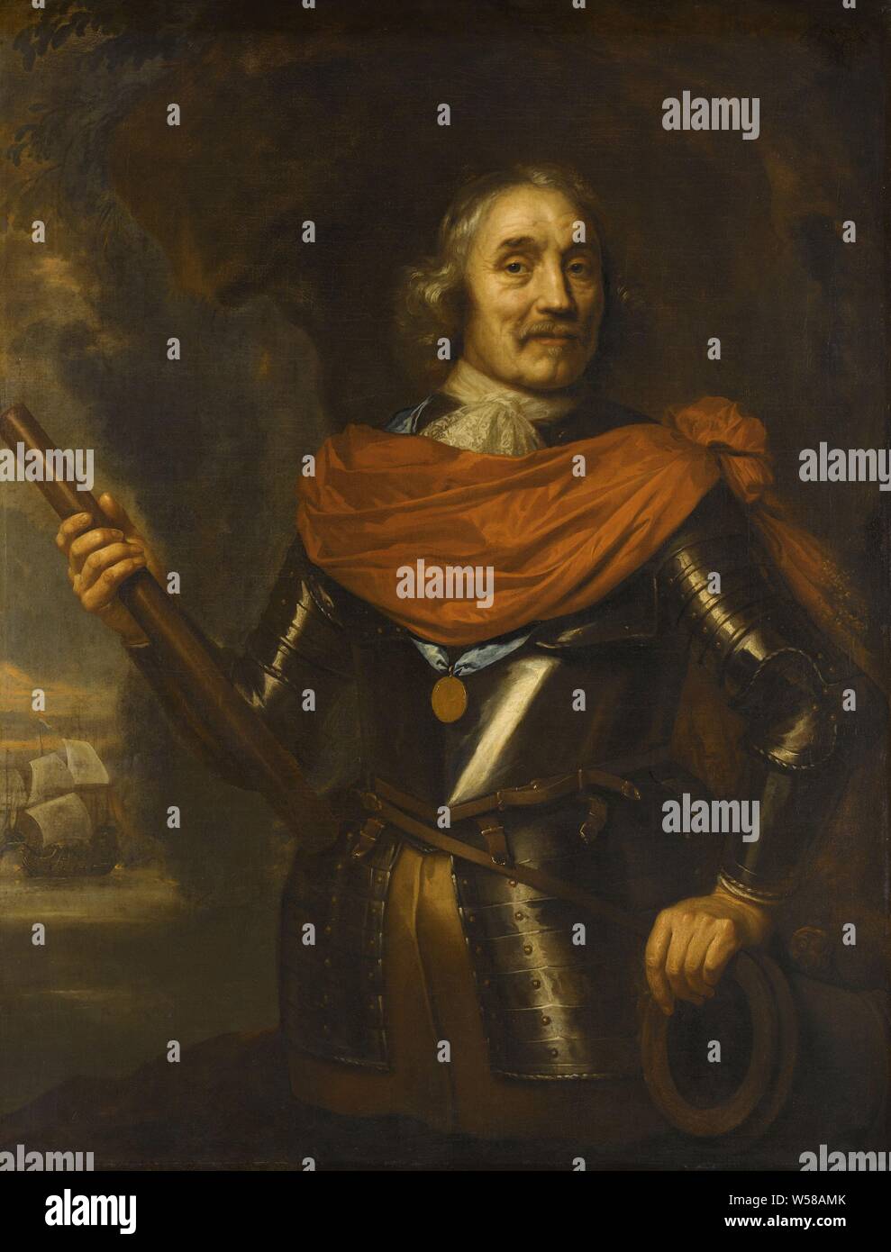 Maerten Harpertsz Tromp (1597-1653), Vice Admiral, Portrait von maerten Harpertsz Tromp, Lieutenant Admiral. Knie, stehend mit Befehl Personal in der Rechten, mit der linken Hand stützte sich auf den Lauf der Kanone. Auf der linken Seite im Hintergrund einer Seeschlacht. Maarten Harpertszoon Tromp, Jan Lievens, 1640-1653, die Leinwand, das Öl Paint (Lack), H 132,3 cm × w 101,4 cm x T 4,2 cm d 7,5 cm Stockfoto