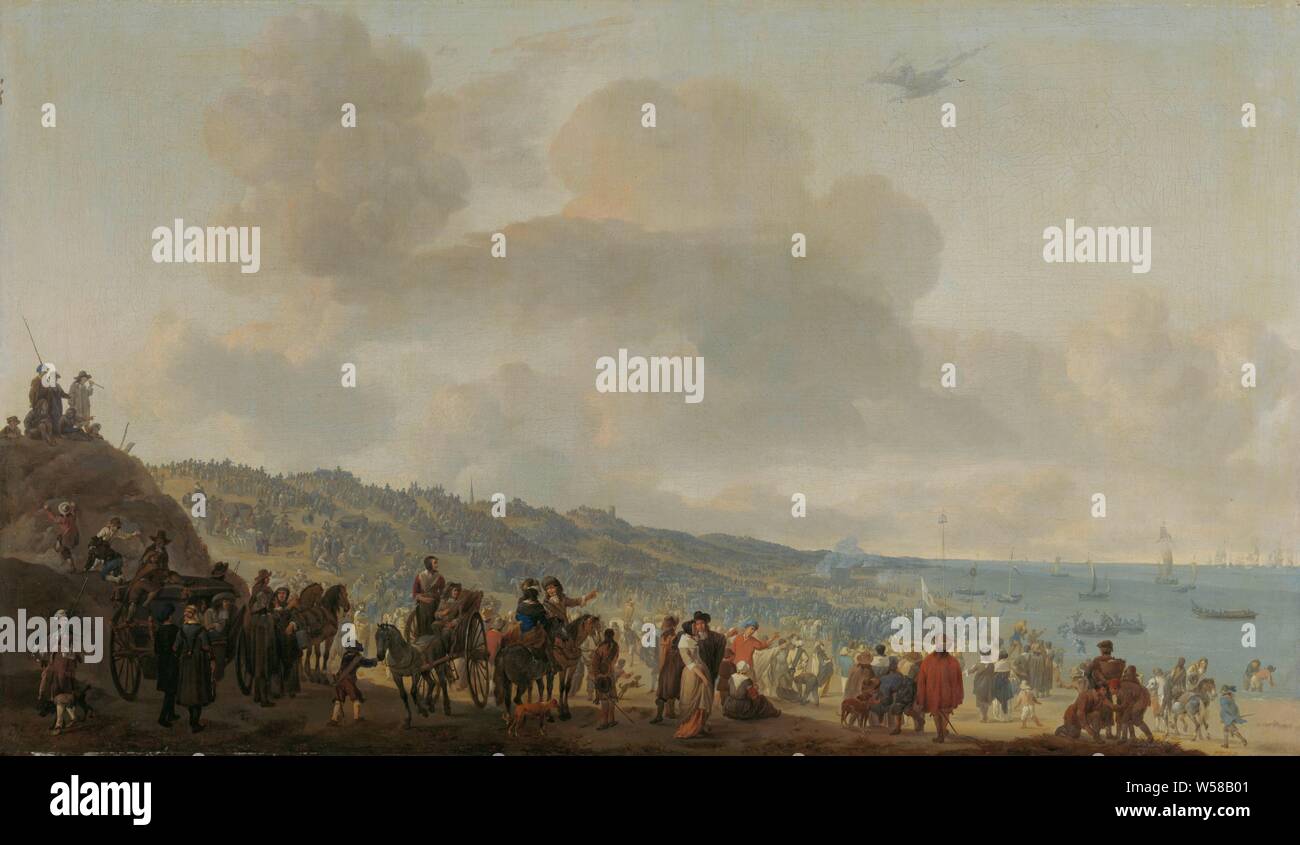 Die Abfahrt von Charles II. von England von Scheveningen, 2. Juni 1660, die Abfahrt von Charles II., König von England, von Scheveningen, 2. Juni 1660. Am Strand Charles II verabschiedet sich von den Mitgliedern der Mitgliedstaaten allgemeine. Eine große Volksmenge strömten zu den Strand und die Dünen. Ein paar Schaluppen Segel im Wasser vor der Küste, segeln und Schiffe in der Ferne. Charles II (König von England), Johannes Lingelbach, 1660-1674, Leinwand, Ölfarbe (Lack), h 59 cm x W 70 cm d 8 cm Stockfoto