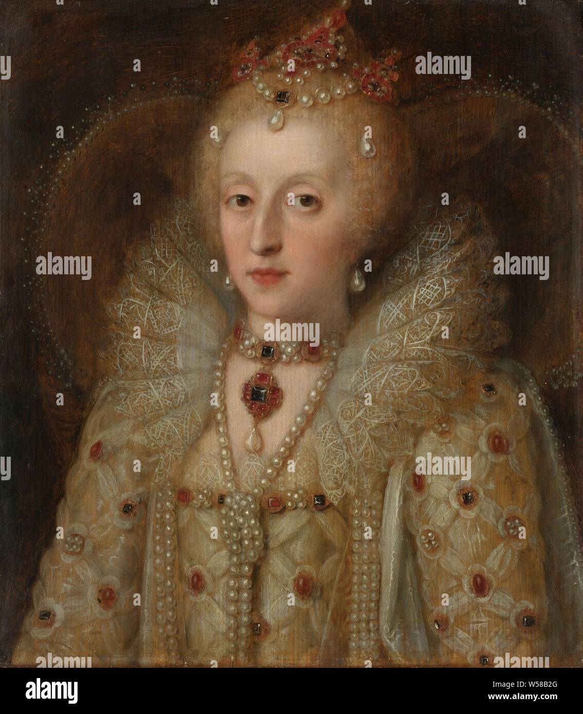 Portrait von Elisabeth I., Königin von England, Porträt von Elisabeth I (1533-1603), Königin von England. Büste, leicht nach links. In Gehrock mit einem offenen Hals, mit Edelsteinen verziert. Sie trägt Schmuck mit Perlen und Edelsteine um den Hals und Kopf, Niederlande, Elizabeth I Tudor (Königin von England), Republik der Sieben Vereinigten Niederlande, anonym, England, 1550-1599, Panel, Ölfarbe (Lack), h 34,5 cm x W 30,5 cm d 5,5 cm Stockfoto