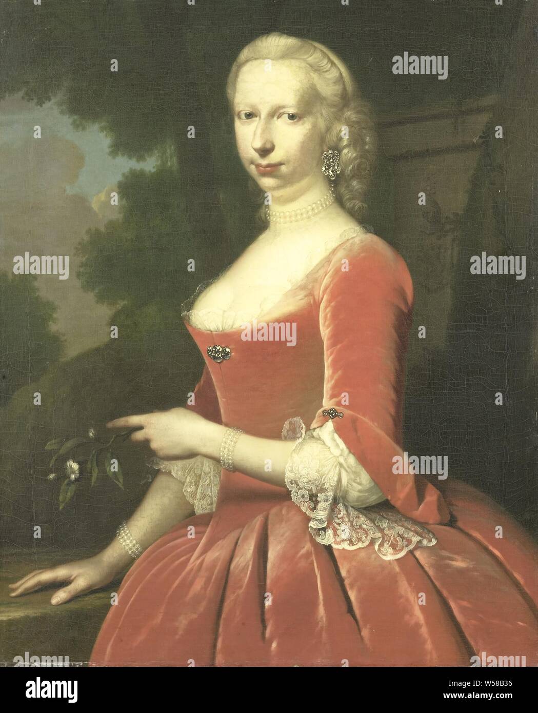 Porträt einer Frau, Porträt einer Frau. Stehend, halbe Länge, durch ein Geländer, eine Blume in der linken Hand. An einer Wand auf der rechten Seite im Hintergrund eine Waffe ist., Frans van der Mijn, 1748, Leinwand, Ölfarbe (Lack), h 85 cm x W 69 cm d 9,5 cm Stockfoto