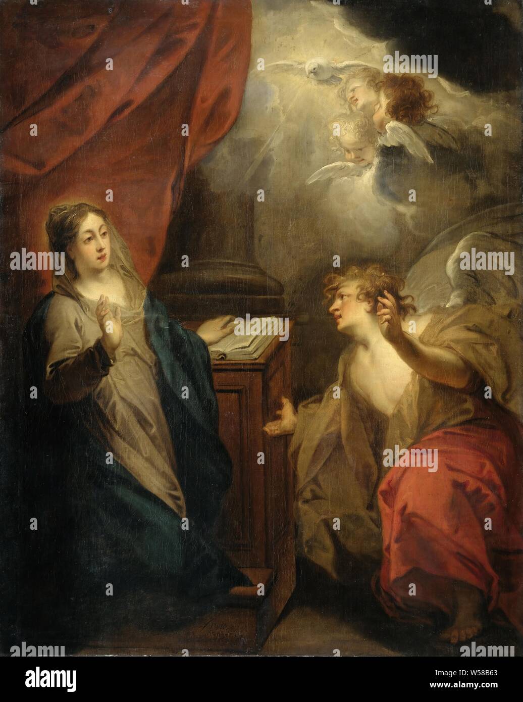 Verkündigung an die Jungfrau, die Verkündigung an Maria. In der Mitte des Bildes ist eine Spalte für die ein Reader mit einem offenen Buch. Links von ihm Maria. Auf der rechten Seite einen knienden Engel. Über die Engel in den Wolken zwei Putten und ein Licht ausstrahlenden Taube. Wie ein altarbild Für die Kapelle in der Maagdenhuis auf dem Spui in Amsterdam, der Verkündigung: Maria, normalerweise lesen, besucht wird, die der Engel (manchmal eine Frau belauscht das Gespräch), Jacob de Wit, 1723, Leinwand, Ölfarbe (Lack), h 207 cm x W 166 cm d8 cm w 31 cm Stockfoto