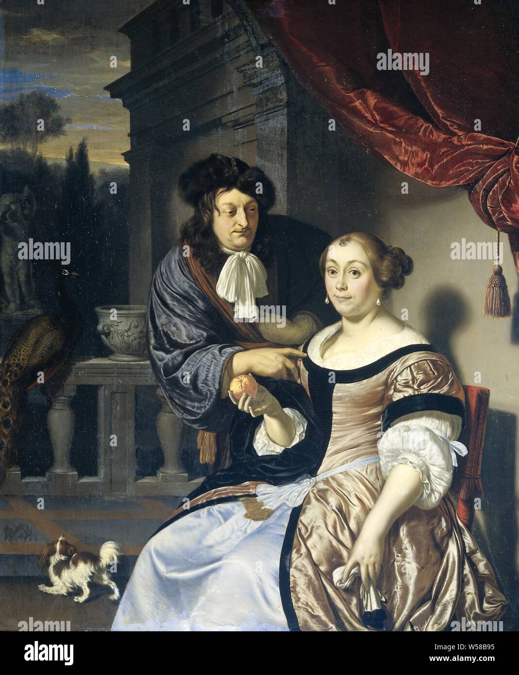 Ein Mann und eine Frau, ein Herr und eine Dame. Auf einer Terrasse, ein Mann beugt sich über eine Frau sitzt auf einem Stuhl. Die Frau hält eine Orange in der rechten Hand auf der linken bellt ein Hund an einem Pfau auf dem Geländer ist., Frans van Mieris (I), 1678, Panel, Ölfarbe (Lack), h 36 cm x W 30 cm Stockfoto