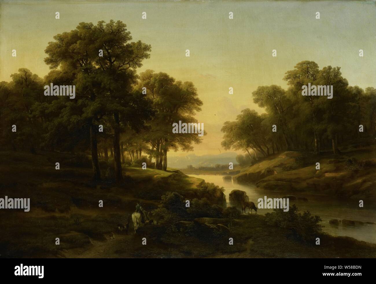 Landschaft. Ein Hirte mit Vieh kommt an einem Fluss bei Sonnenuntergang., Alexandre Calame, 1830 - 1845, Leinwand, Ölfarbe (Lack), h 57,2 cm x W 82,4 cm x t 4 cm d 10 cm Stockfoto