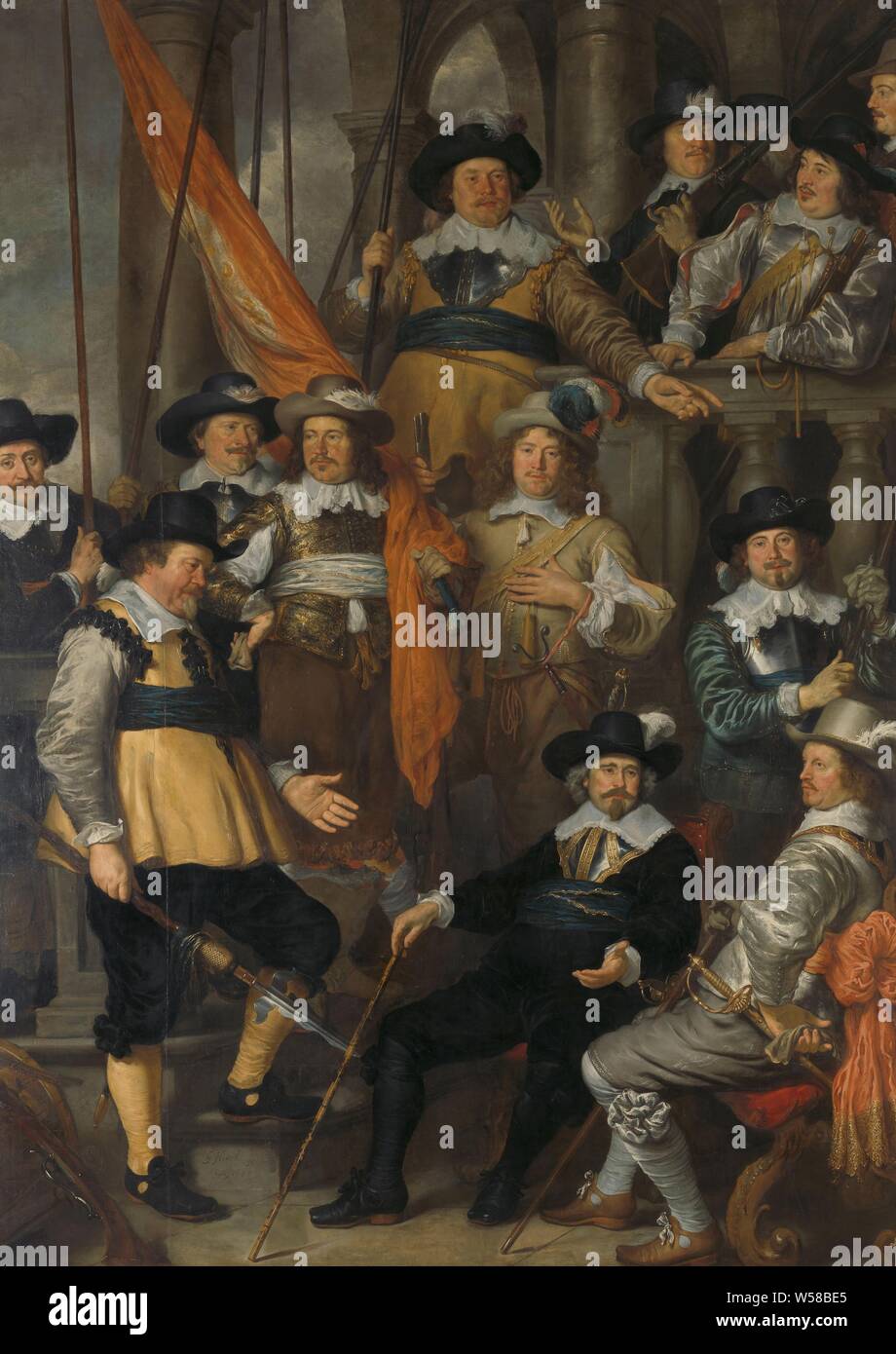 Offiziere und anderen Shootern des XVIII Bezirk in Amsterdam unter dem Kommando von Kapitän Albert Bas und Lieutenant Lucas Conijn, der corporalship von Kapitän Albert Bas und Lieutenant Lucas Conijn, 1645. Civic wachen Stück, in dem die Mitglieder der Miliz Miliz in einem erhöhten Galerie eingestellt sind. Bas und Conijn sitzen unten rechts der Treppe mit Stöcken in der Hand. Die anderen Shootern haben Waffen (Hellebarde und Waffen) und Banner mit Ihnen, Krieg, militärische Angelegenheiten (citizen Soldier, Guardia Civil, Bürger Miliz), Schusswaffen, Waffen, helved Stangenwaffen (für das Anschlagen, Hacking Stockfoto
