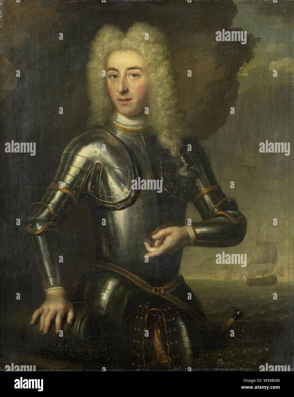 Portrait von Hendrik Lijnslager, Sea Captain mit der Admiralität von Amsterdam, Portrait von Hendrik Lijnslager (1693-1768). Kapitän zur See mit der Admiralität von Amsterdam. Halbe Länge, stehend, in der Rüstung auf der rechten Seite. Die rechte Hand auf den Lauf der Kanone. Rechts im Hintergrund eine meereslandschaft mit einige Schiffe, Amsterdam, Hendrik Lijnslager (Kapitän), Admiralität von Amsterdam, anonym, Holland, 1720, Leinwand, Ölfarbe (Lack), h 55 cm x W 44 cm d 8 cm Stockfoto