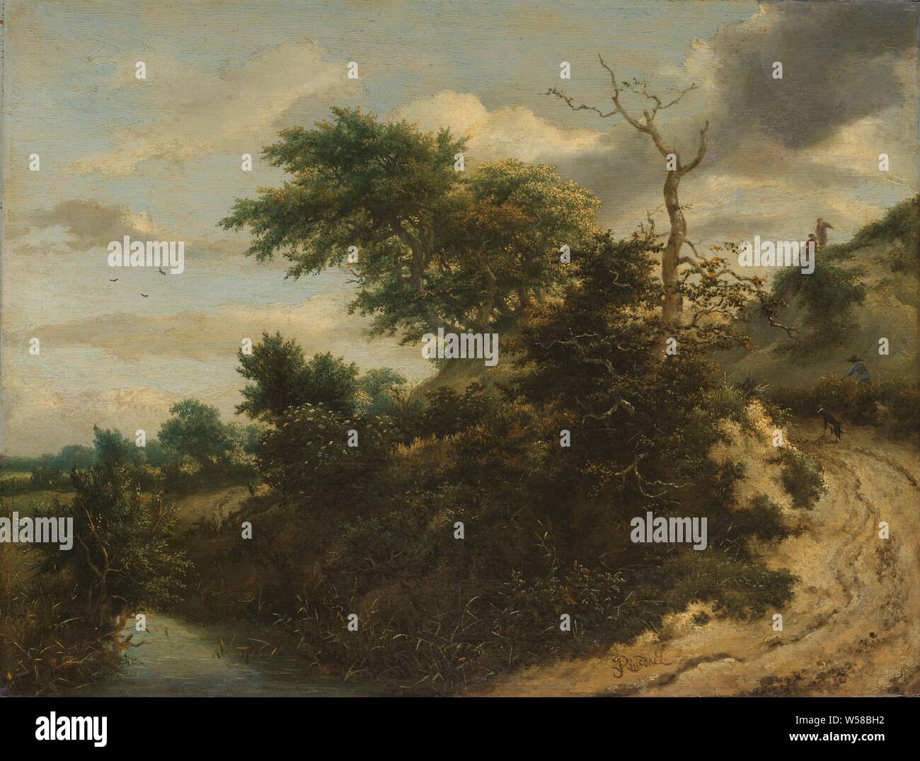 Sandweg in den Dünen, Sand weg in die Dünen, die Dünenlandschaft mit einem Feldweg. Auf der Straße ein Mann mit einem Hund, der sich oben auf der Düne gibt es zwei Männer. Links im Vordergrund Wasser mit Schilf., Jacob Isaacksz. van Ruisdael, C. 1650 - C. 1655, Panel, Ölfarbe (Lack), h 32 cm x W 42,5 cm h 44,5 cm x W 54,5 cm x t 7 cm Stockfoto