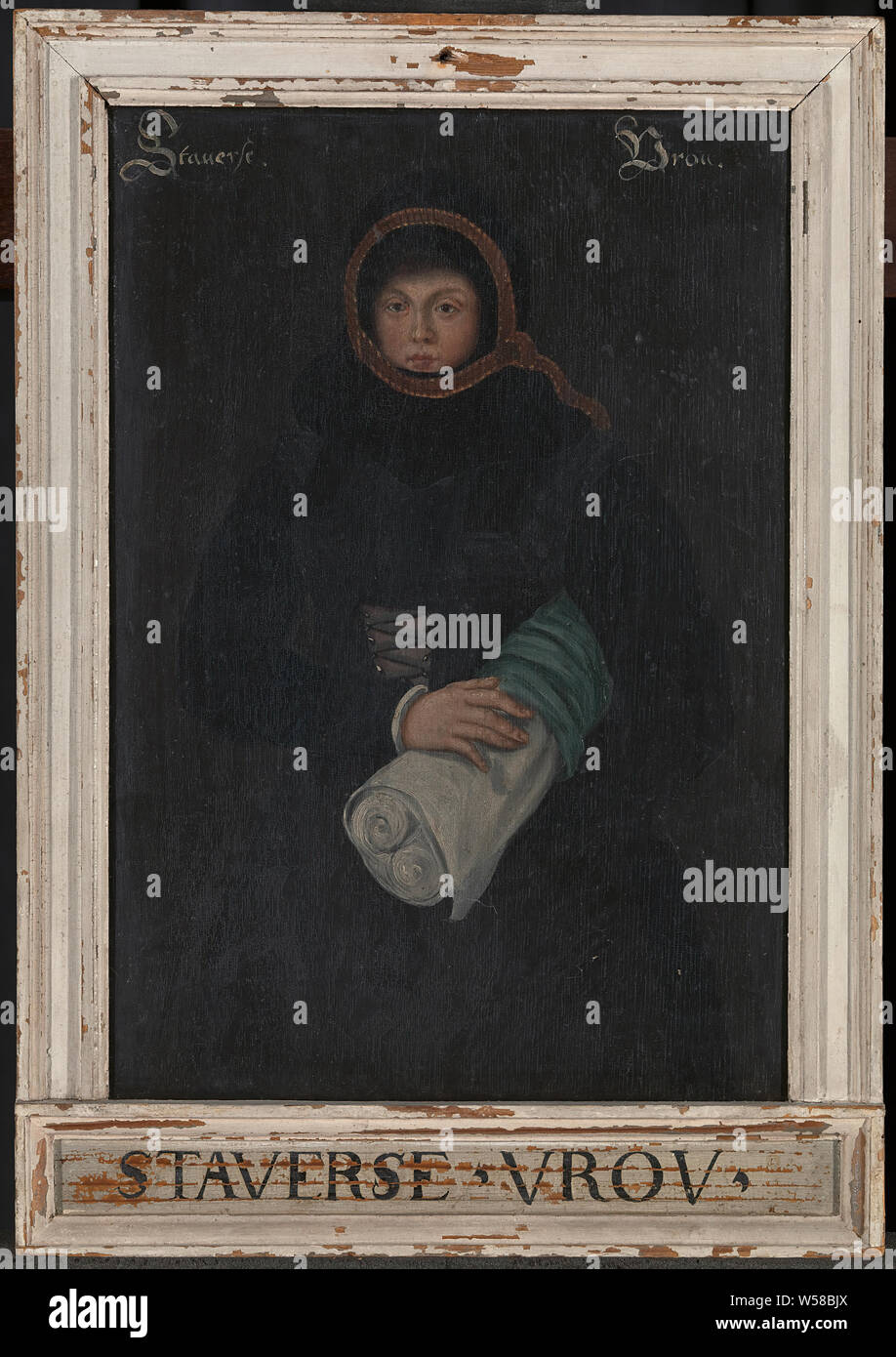 Bilderrahmen, h 53,2 cm x W 37,2 cm x T 3,8 cm, Staverse Vrou, alte Gemälde von einer Frau eine Rolle Stoff, Öl auf Leinwand, Ca. 16. jahrhundert Stockfoto