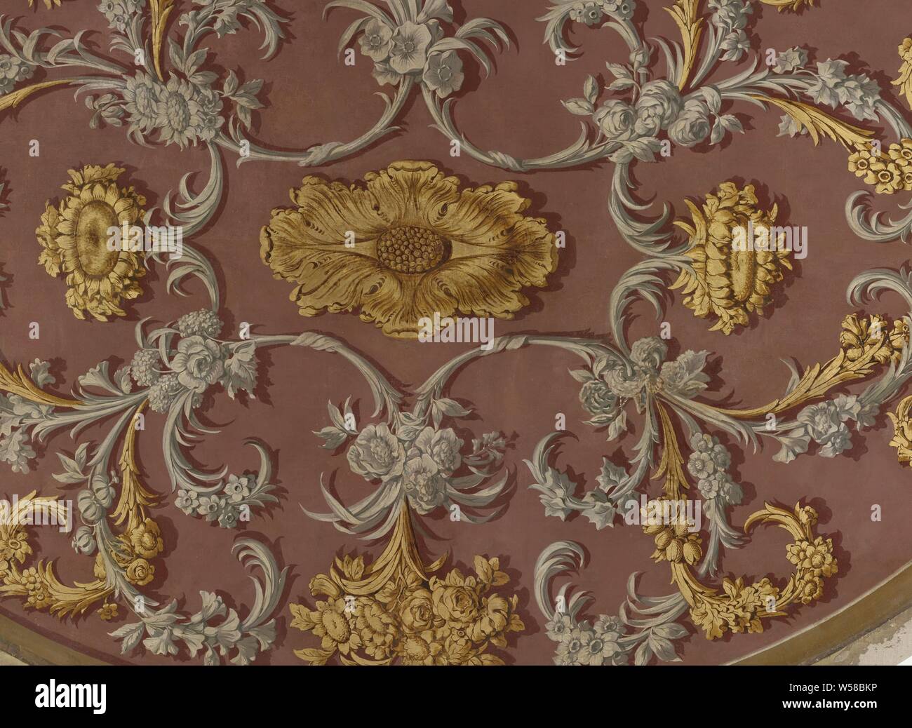 Lackierraum Oval center Stück ein Deckengemälde mit Blumen- und Pflanzenmotiven gestaltet, Teil einer ornamentalen Deckengemälde mit Blumen- und Pflanzenmotiven und zwei Büsten. Aus dem Chinesischen Lackkabinett im Palast des friesischen Gouverneure in Leeuwarden., Elias van Nimwegen (zugeschrieben), 1695-1755, die Leinwand, das Öl Farbe (Farbe Stockfoto