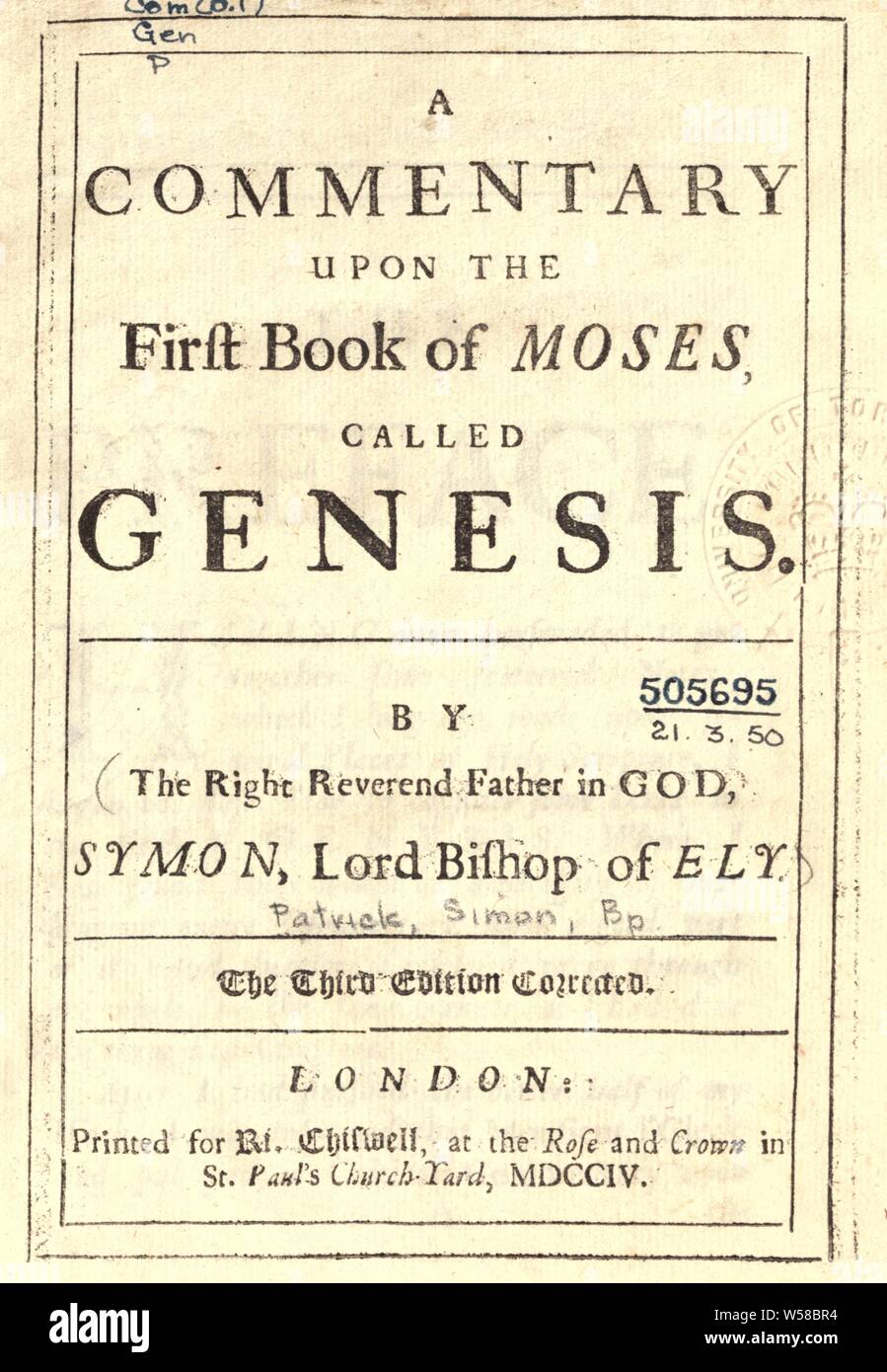 Ein Kommentar auf das erste Buch Mose Genesis: Patrick, Simon, 1626-1707 Stockfoto