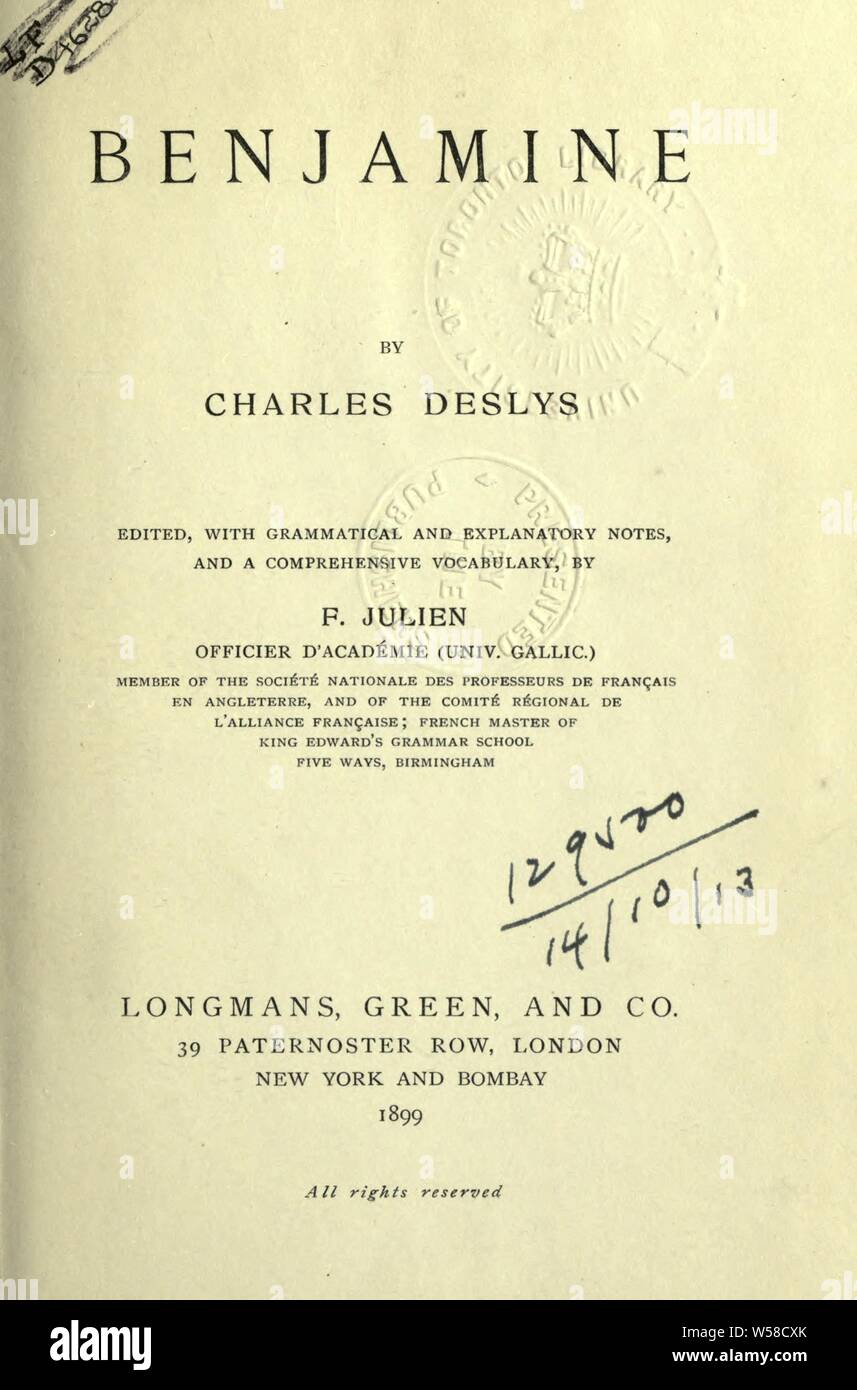 Benjamine. Bearbeitet, mit grammatischen und Erläuterungen und einen umfassenden Wortschatz: Deslys, Charles Collinet, 1821-1885 Stockfoto