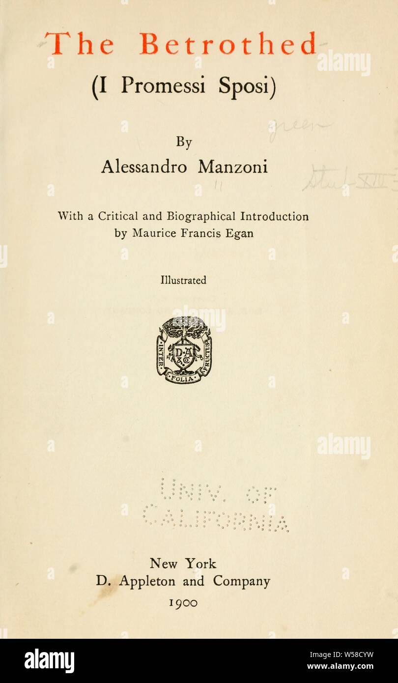 Die Verlobte (I promessi sposi): Manzoni, Alessandro, 1785-1873 Stockfoto